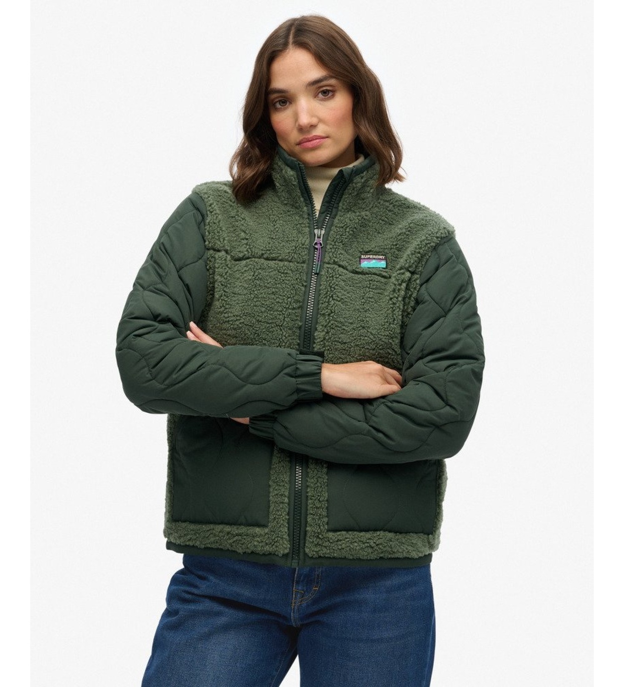 Superdry für Damen. W5011934A Grüne Fleece-Hybrid-Jacke (XS), Lässig, Recyceltes Polyester