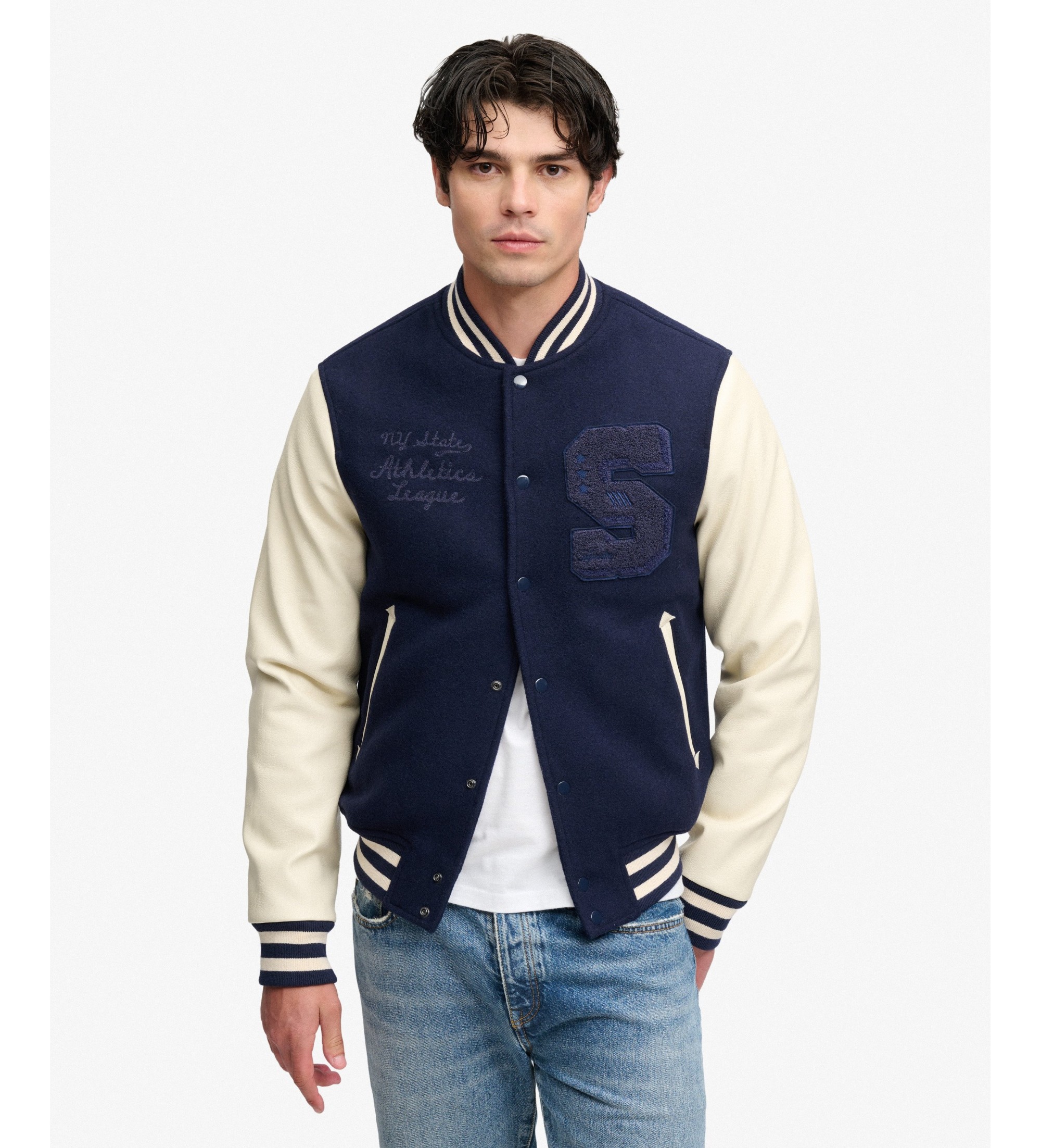 Superdry für Herren. M5012477A Vintage Patched Varsity Jacke Marineblau und Ecru (XL), Lässig, Wolle