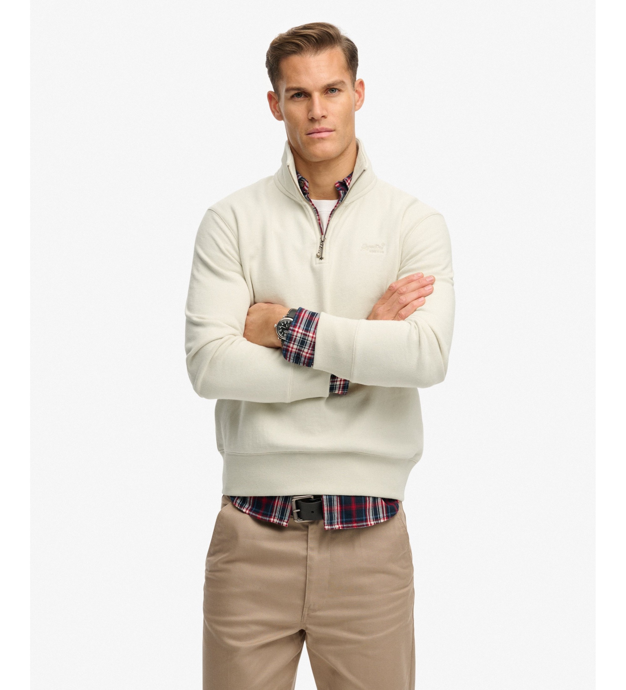 Superdry für Herren. M2013750A Essential Logo Sweatshirt mit halbem Reißverschluss beige (L), Lässig, Baumwolle