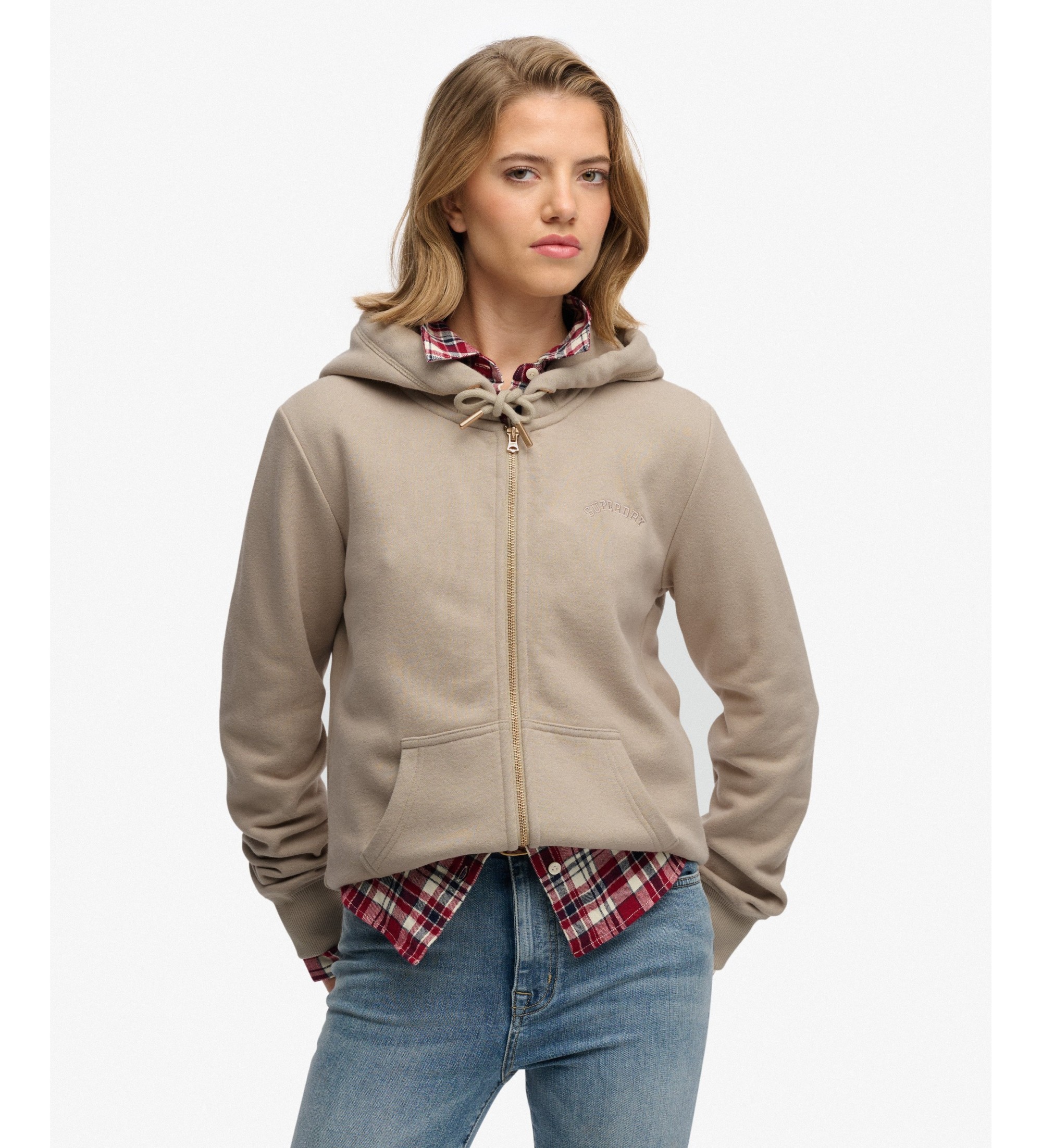 Superdry für Damen. W2012672A Essential Logo Ziphood Kapuzenjacke beige (XS), Lässig, Baumwolle