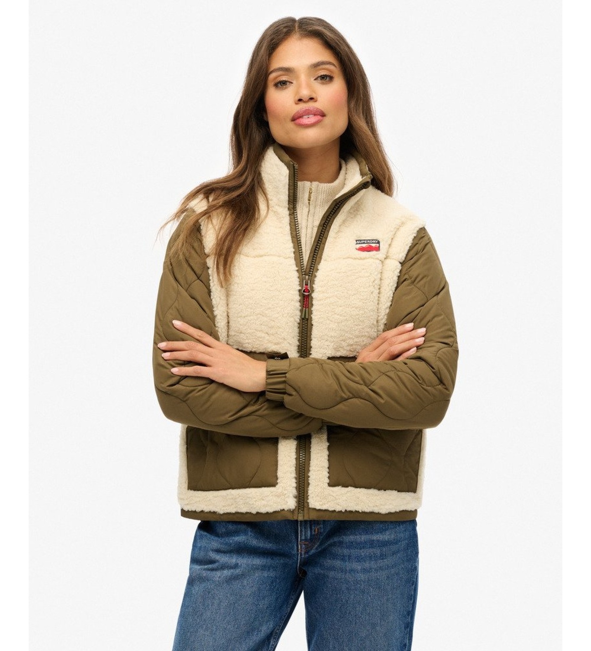Superdry für Damen. W5011934A Fleece-Hybrid-Jacke beige (M), Lässig, Recyceltes Polyester