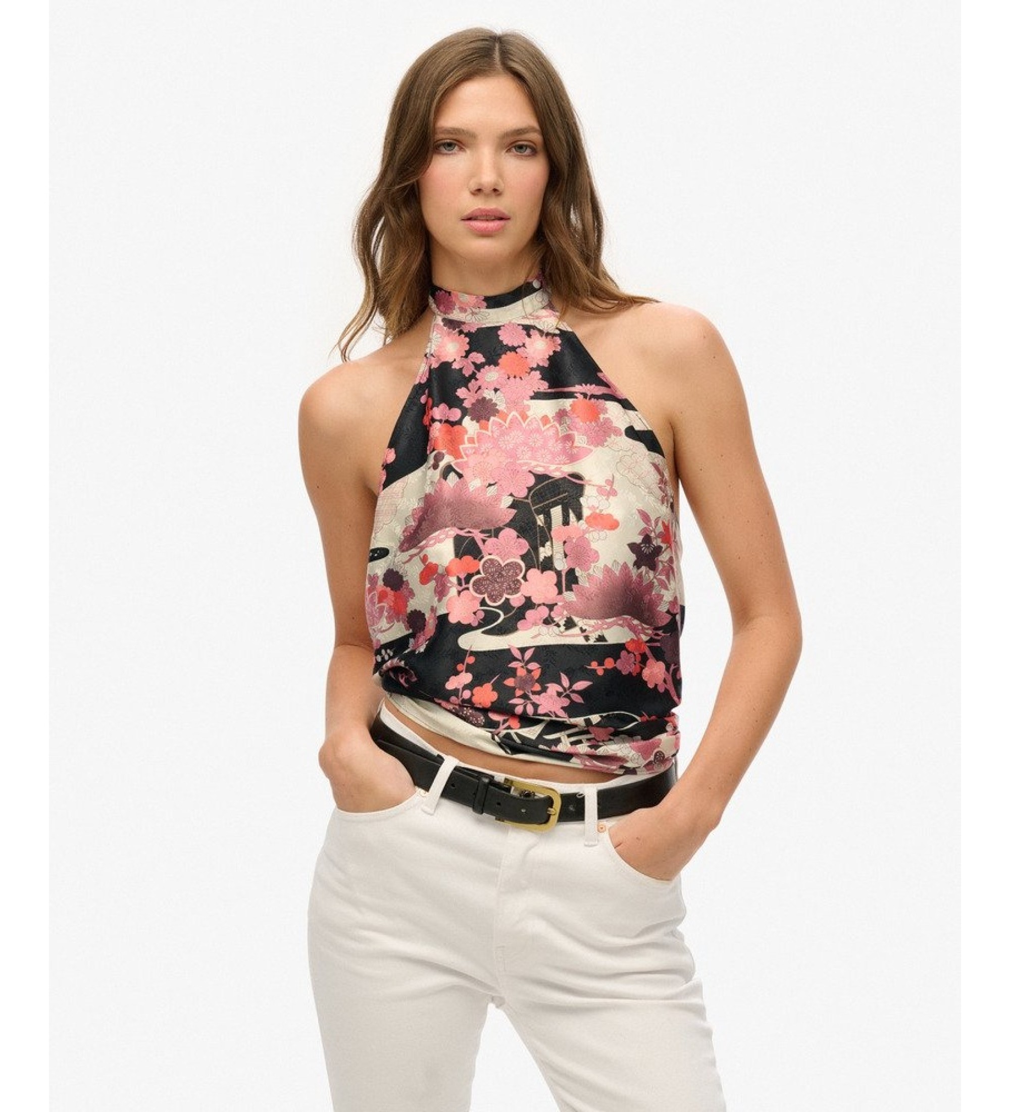 Superdry für Damen. W6012024A Top-Neckholder Jacquard Goshodoki rosa (M), Lässig, Party, Viskose, Ärmellos / Hosenträger