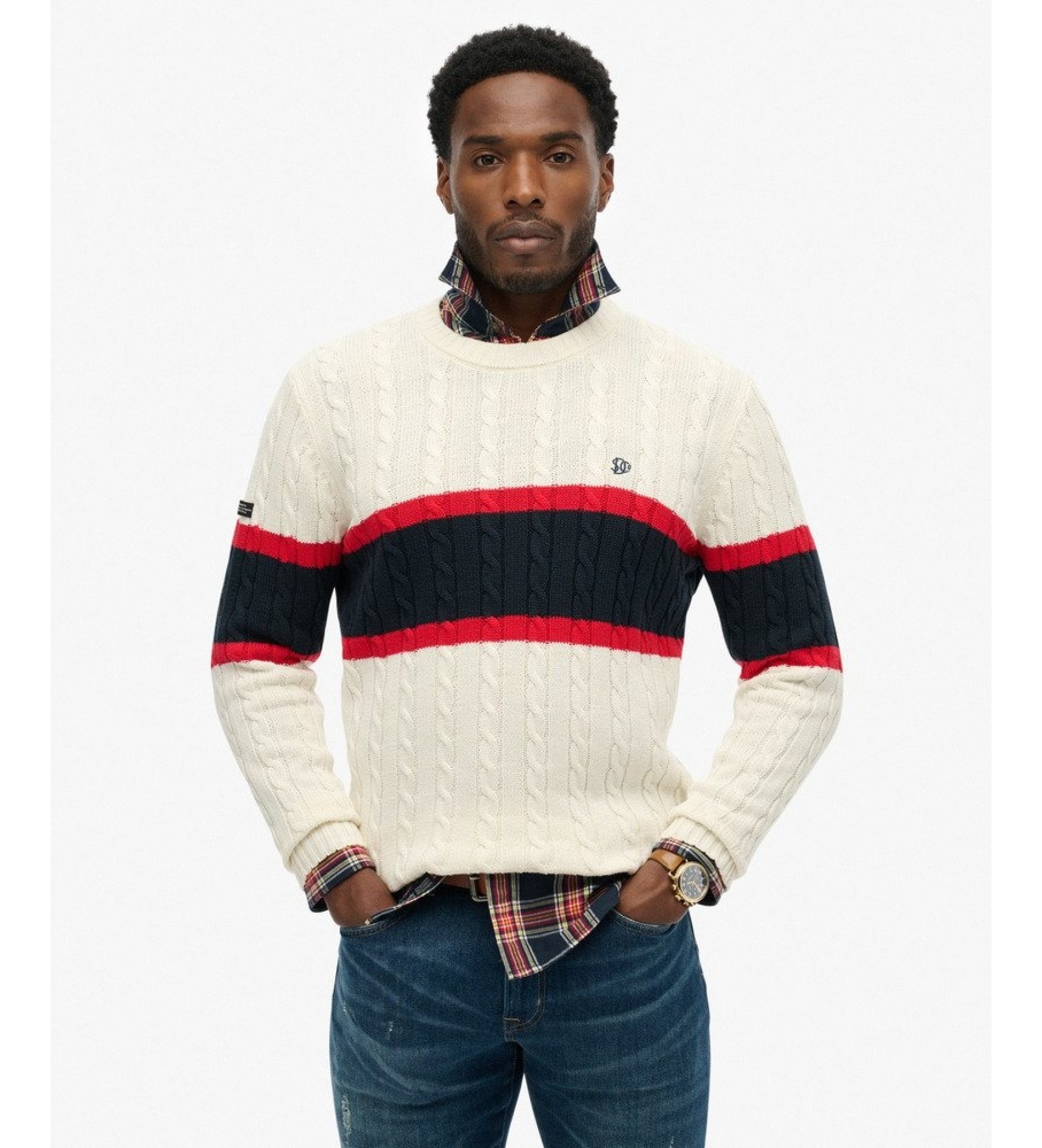 Superdry für Herren. M6110710A Baumwoll-Strickpullover mit Kabelmuster und Streifen, beige (M), Lässig, Baumwolle, Langarm
