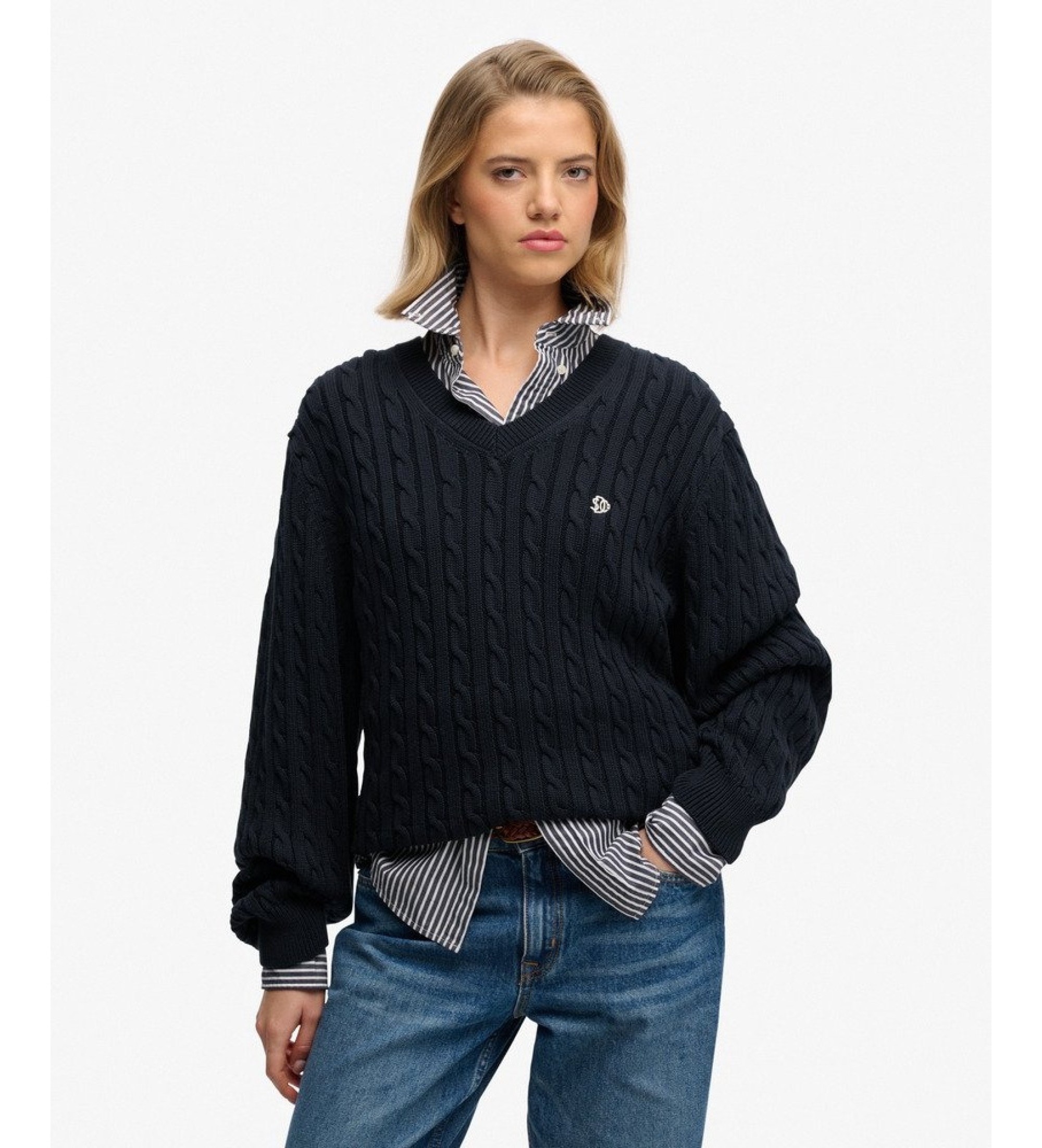 Superdry für Damen. W6110742A Oversized-Pullover mit Zopfmuster marineblau (XS), Lässig, Baumwolle