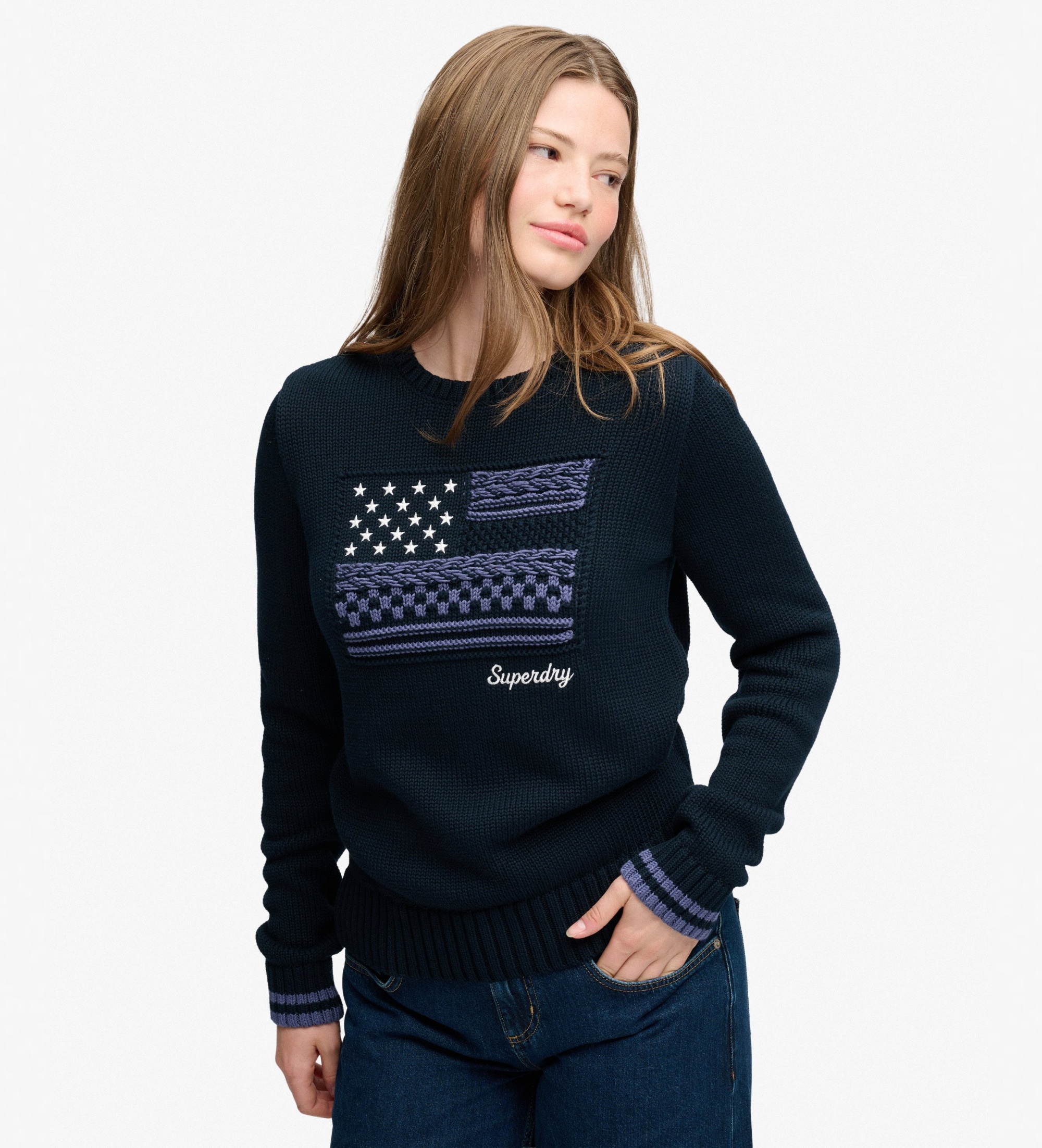 Superdryvoor vrouwen. W6110755A Marineblauwe statement kabeltrui met vlagmotief (M), Casual, Katoen