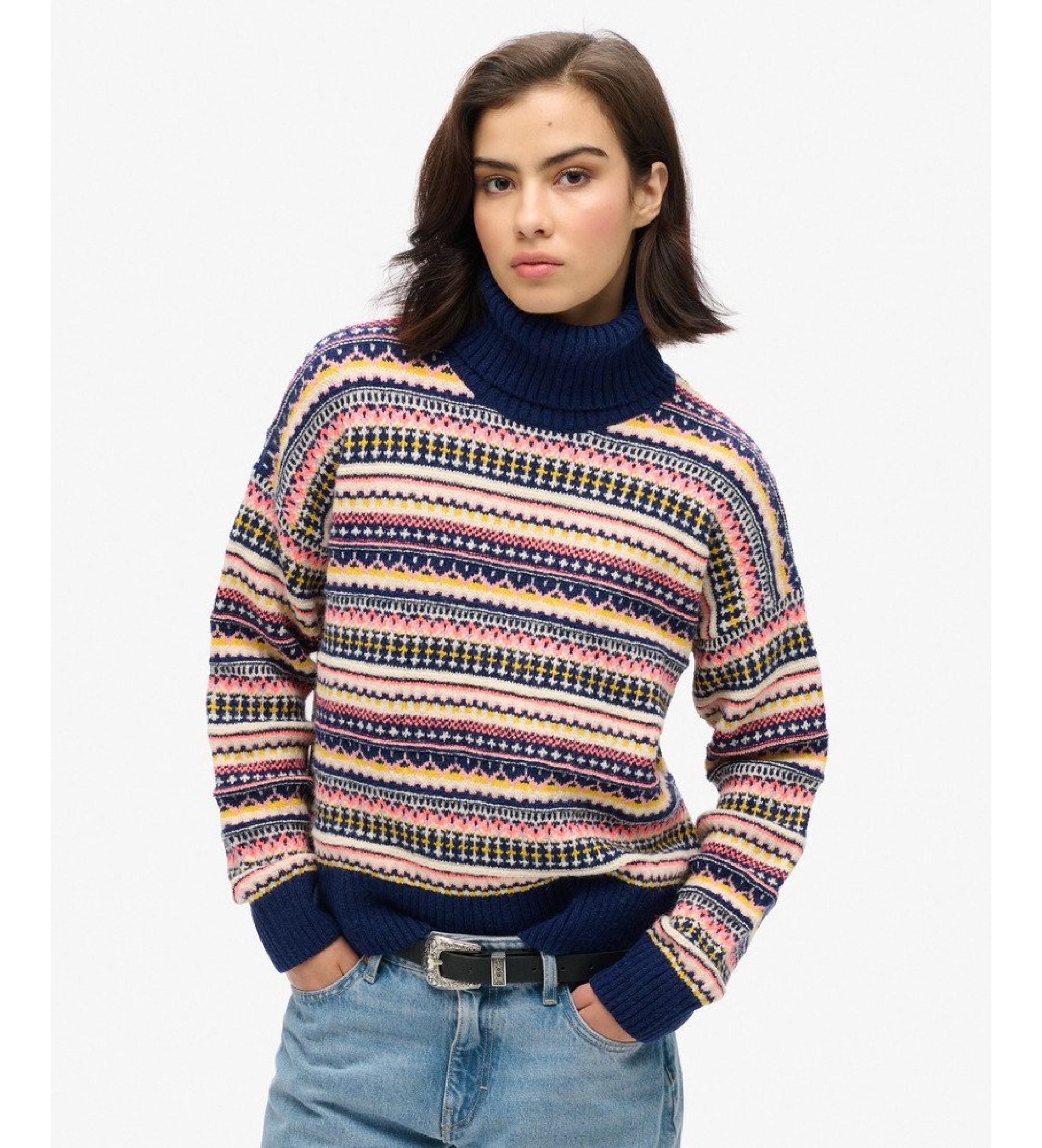Superdry für Damen. W6110617A Marineblauer Pullover mit strukturiertem Streifenmuster (M), Lässig, Wolle
