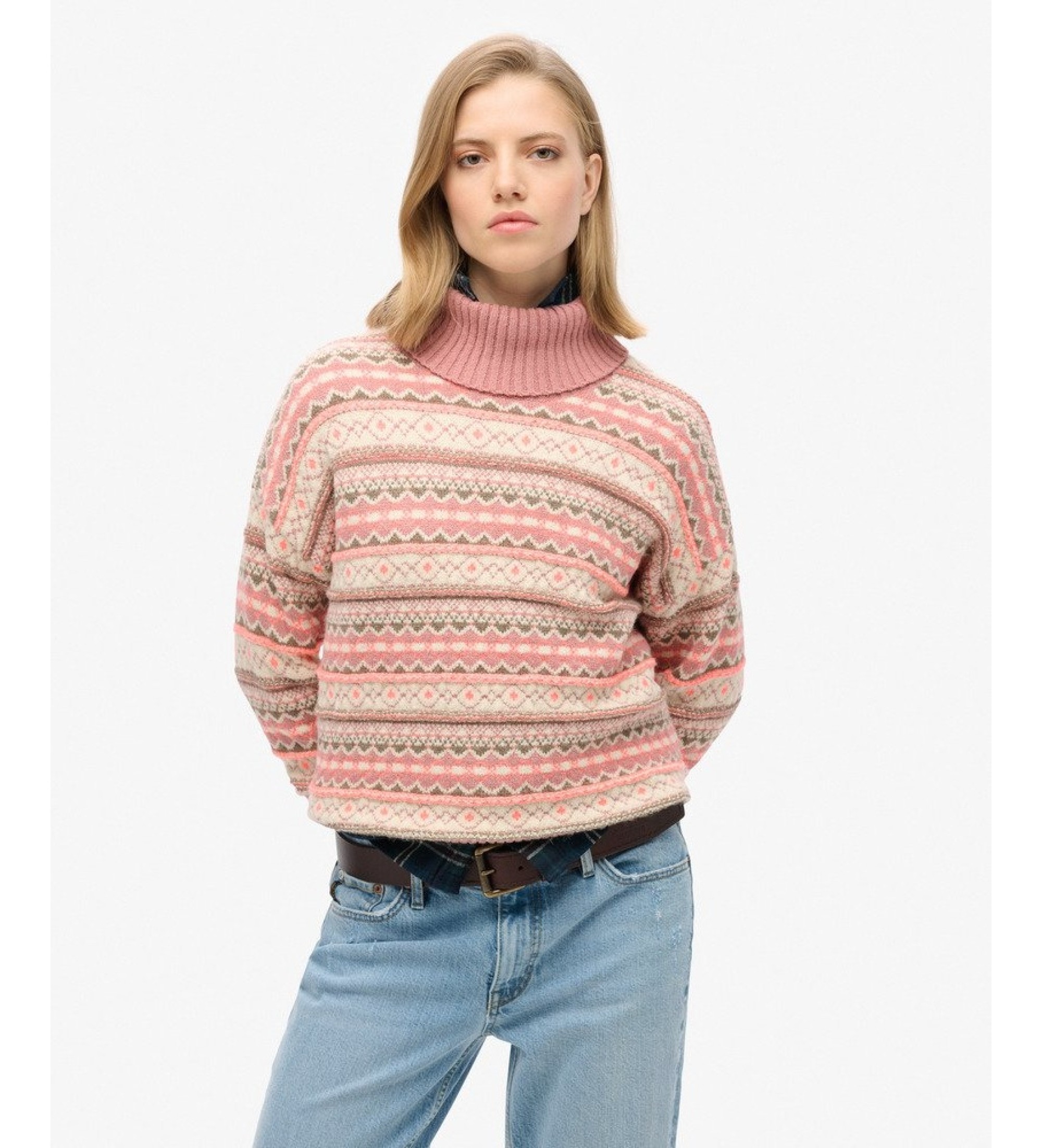Superdry für Damen. W6110617A Strickpullover mit texturiertem Streifenmuster in Beige (M), Lässig, Wolle