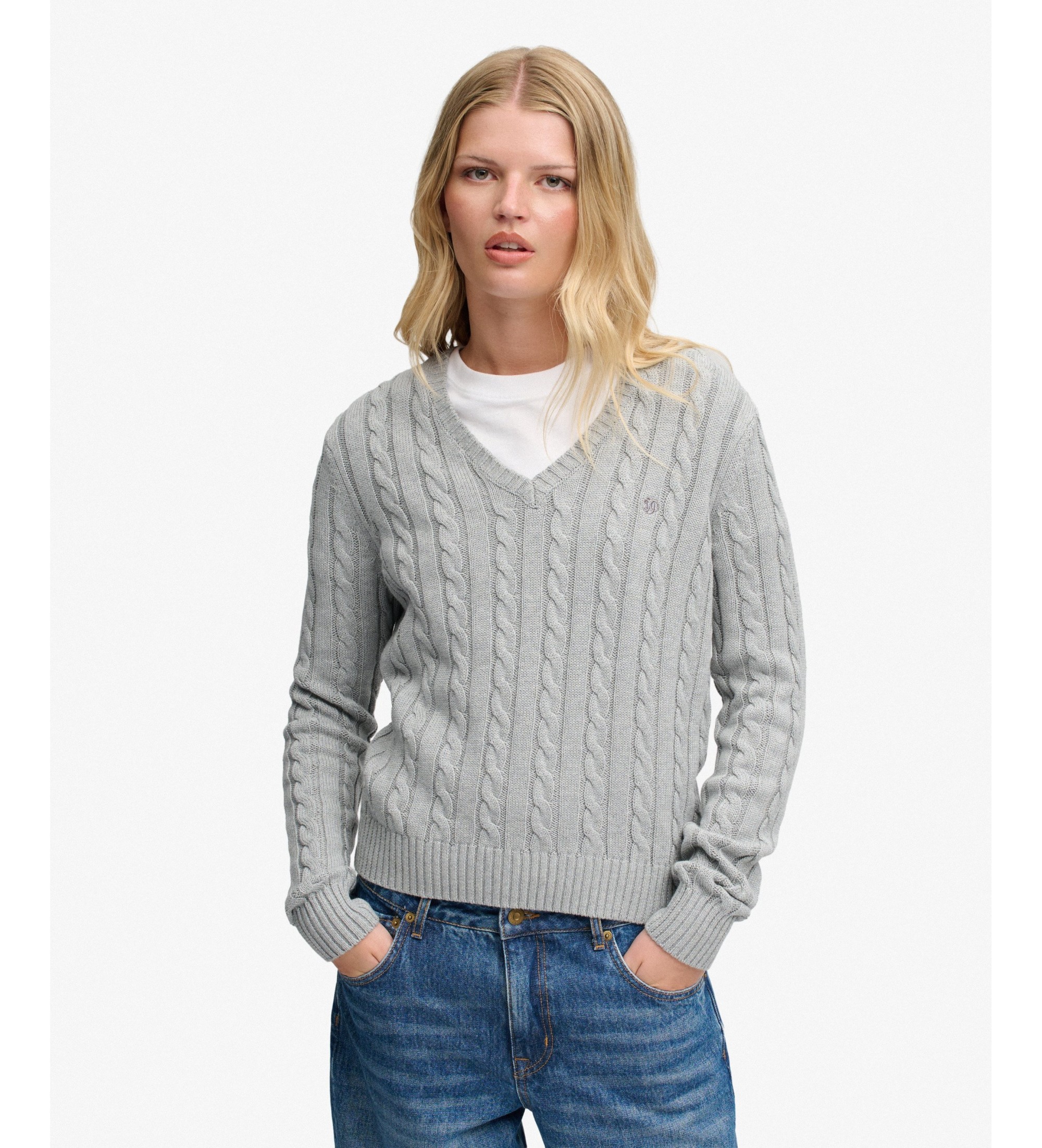 Superdryvoor vrouwen. W6110748A Grijze Washed Cable trui (XL), Casual, Grijs, Katoen