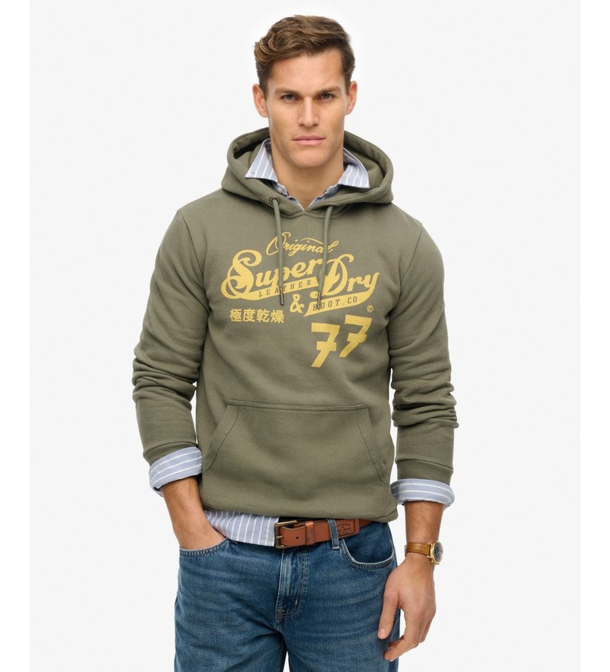 Superdry für Herren. M2014353A Leather & Boot Co Script Kapuzenpullover Dunkelkhaki (S), Lässig, Grün, Baumwolle