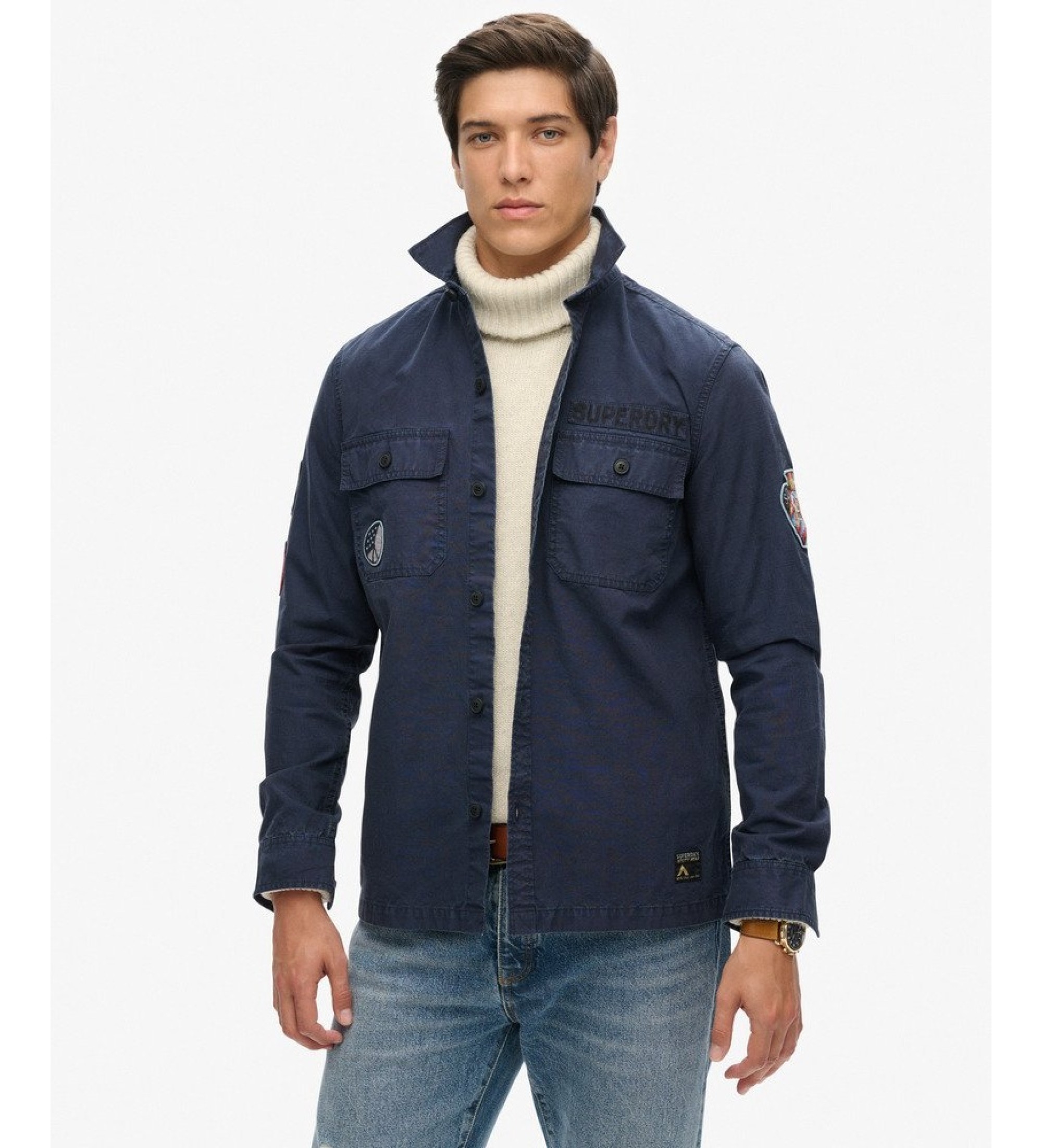 Superdryvoor mannen. M4010889A Delta overhemd marineblauw (L), Casual, Katoen, Lange mouwen