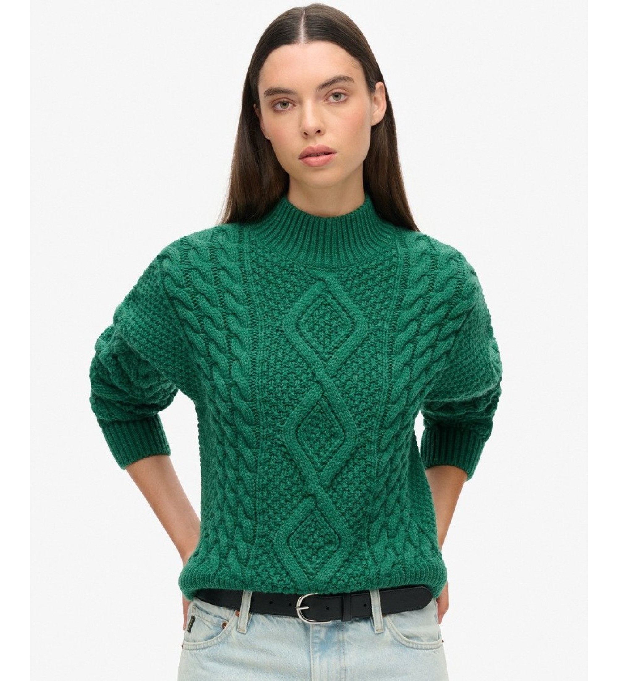 Superdry für Damen. W6110547A Aran-Zopfpullover grün (S), Lässig, Wolle