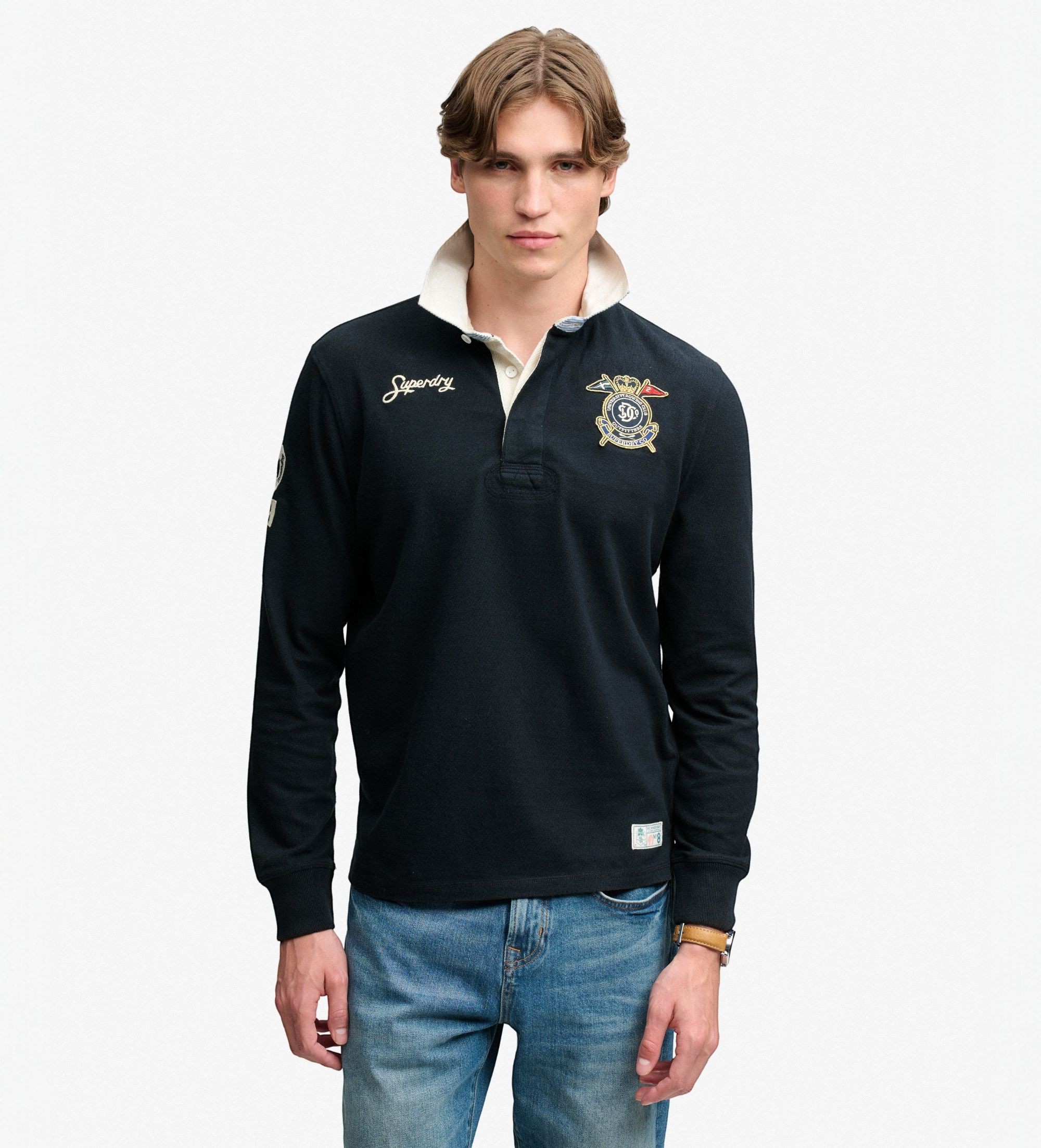 Superdry für Herren. M6010969A Rugby-Poloshirt Double Emblem marineblau (XXL), Lässig, Baumwolle, Klassisch, Langarm
