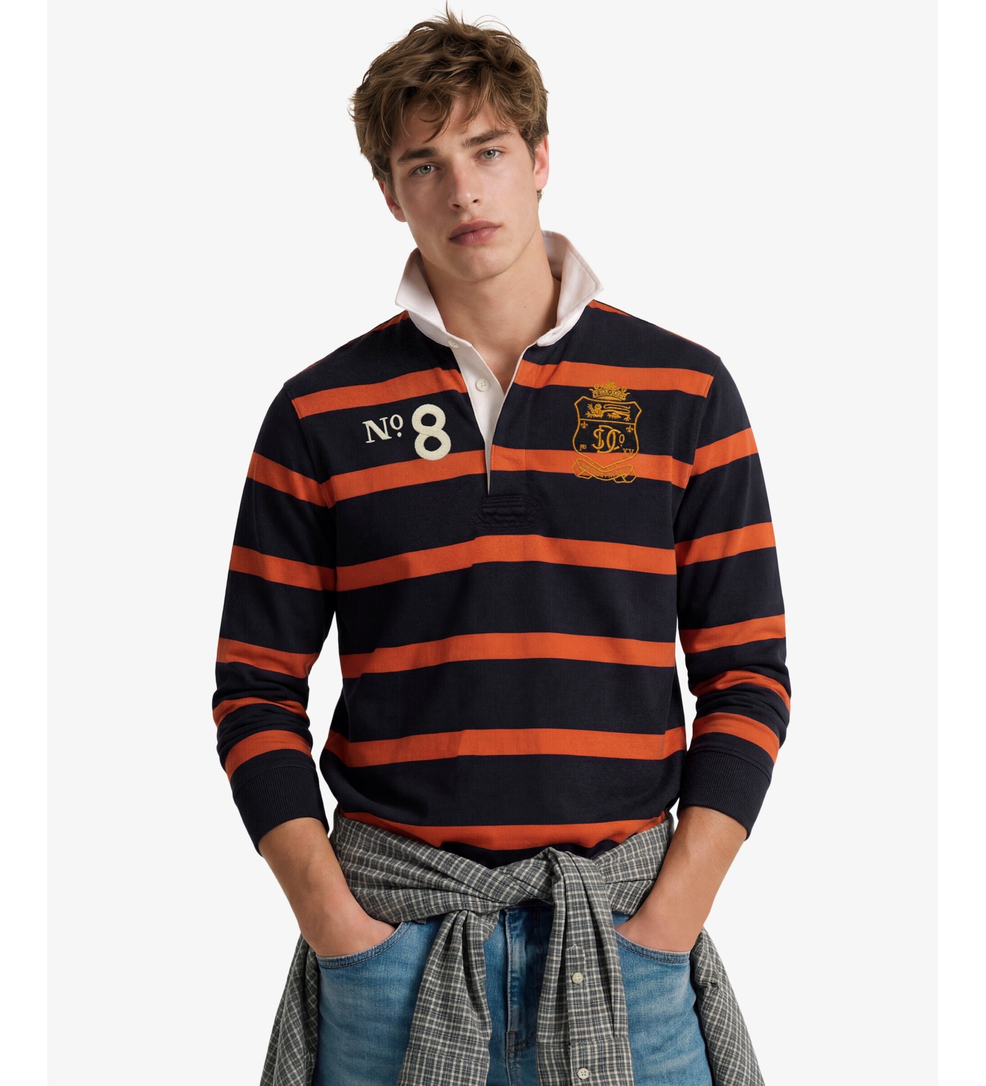 Superdry für Herren. M1110483A Rugby-Poloshirt Double Emblem Stripe orange, marineblau (M), Lässig, Baumwolle, Langarm