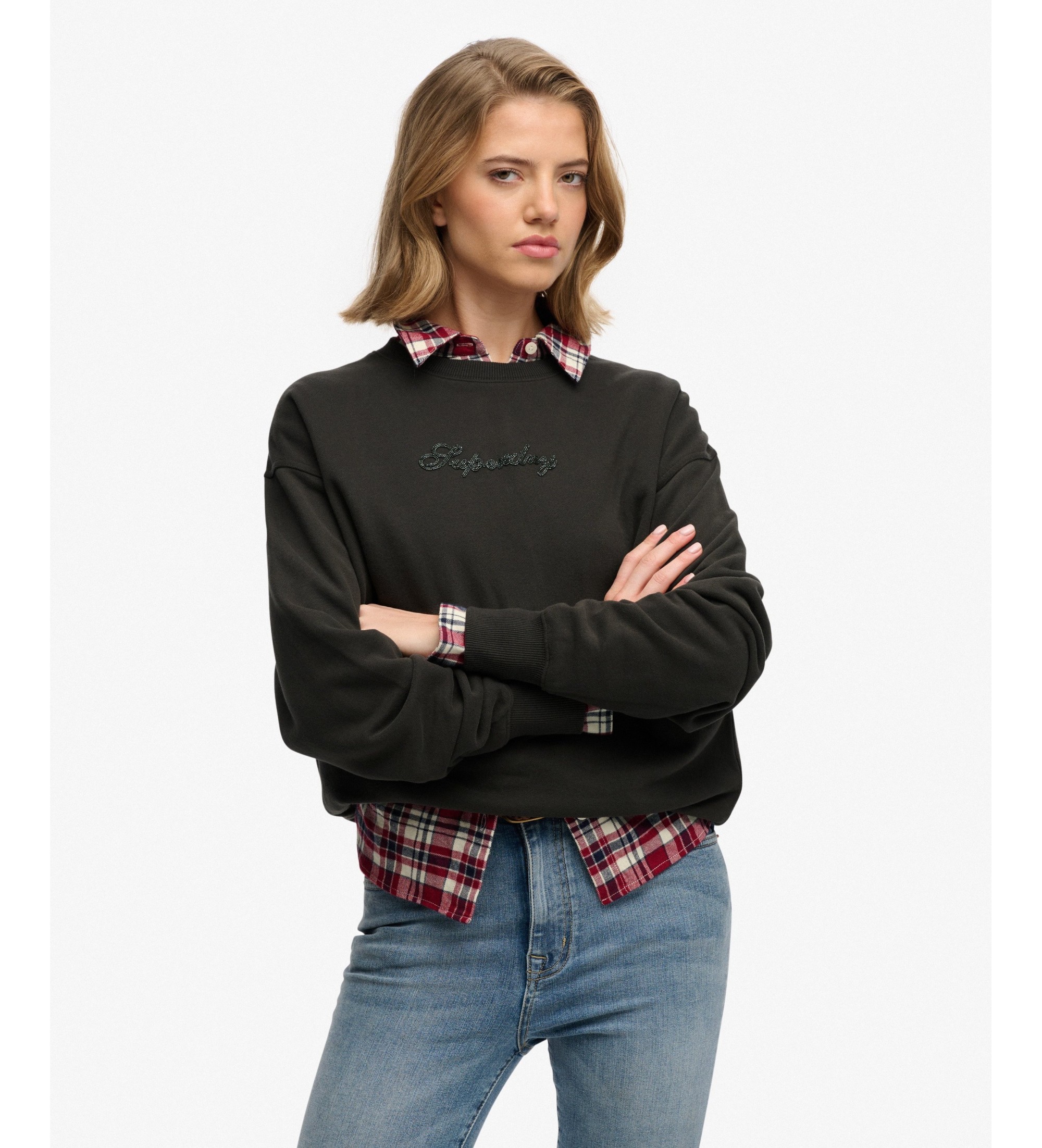 Superdry für Damen. W2012635A Marken-Sweatshirt mit Schriftzug, schwarz (S), Lässig, Baumwolle, Langarm