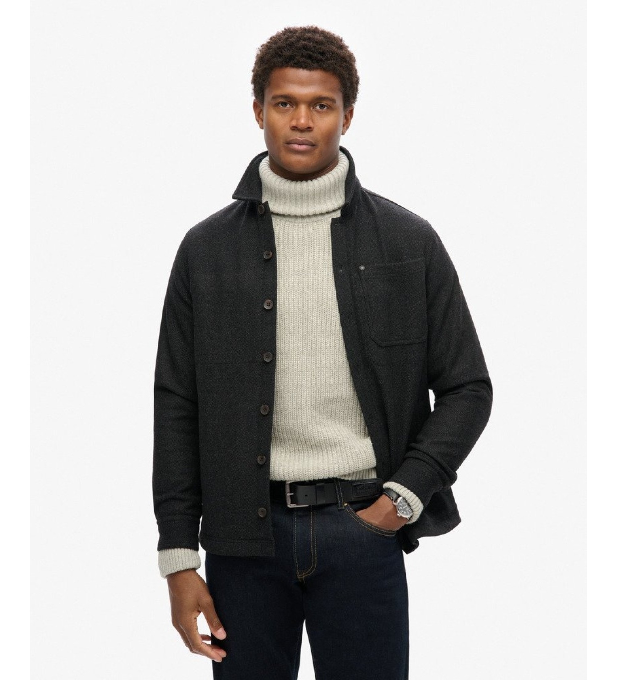 Superdry für Herren. M4010862A Merchant Wool Überhemd schwarz (L), Lässig, Wolle, Langarm