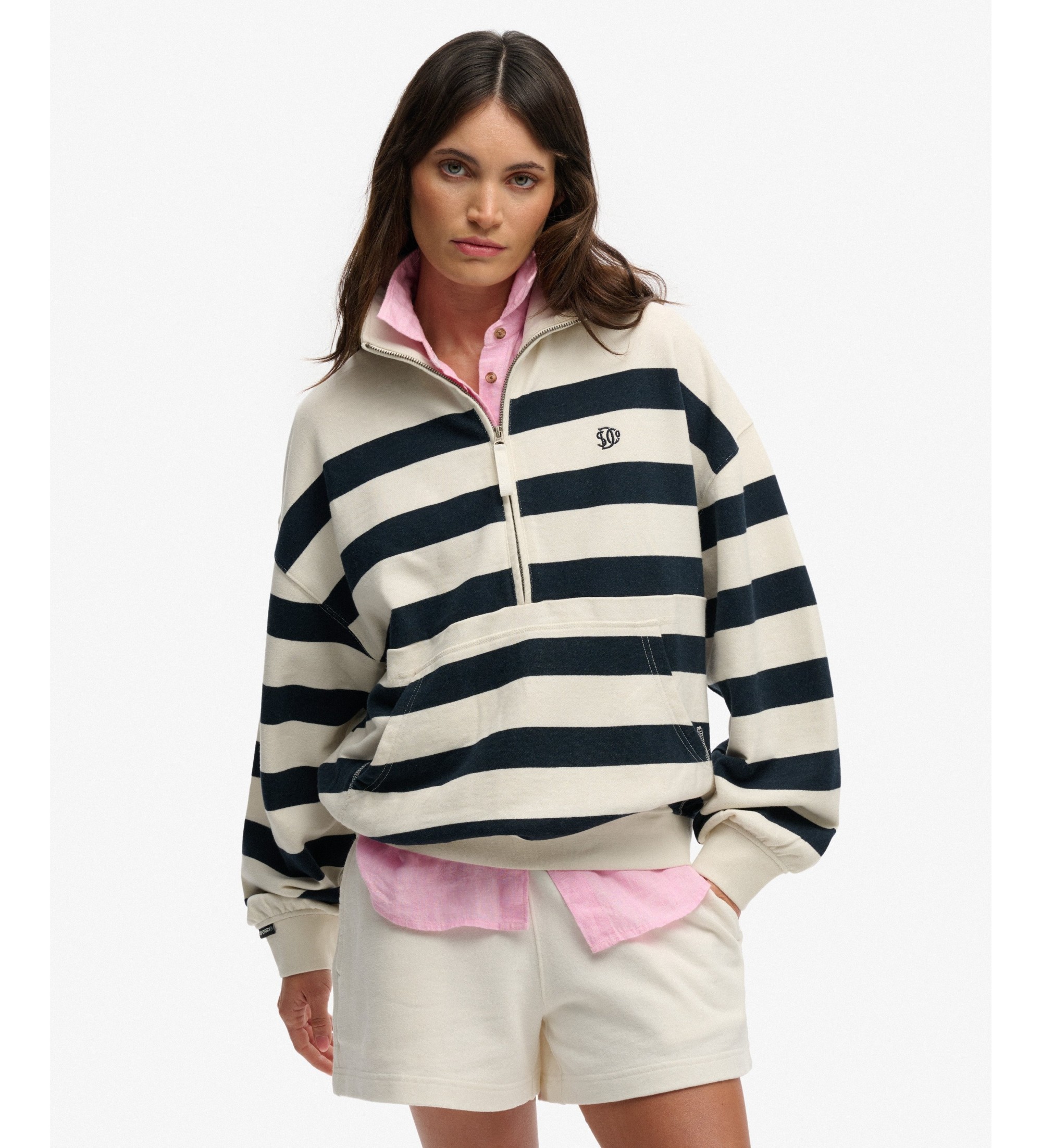 Superdry für Damen. W2012695A Sweatshirt Studios Stripe Half Zip marineblau (S), Lässig, Baumwolle, Langarm