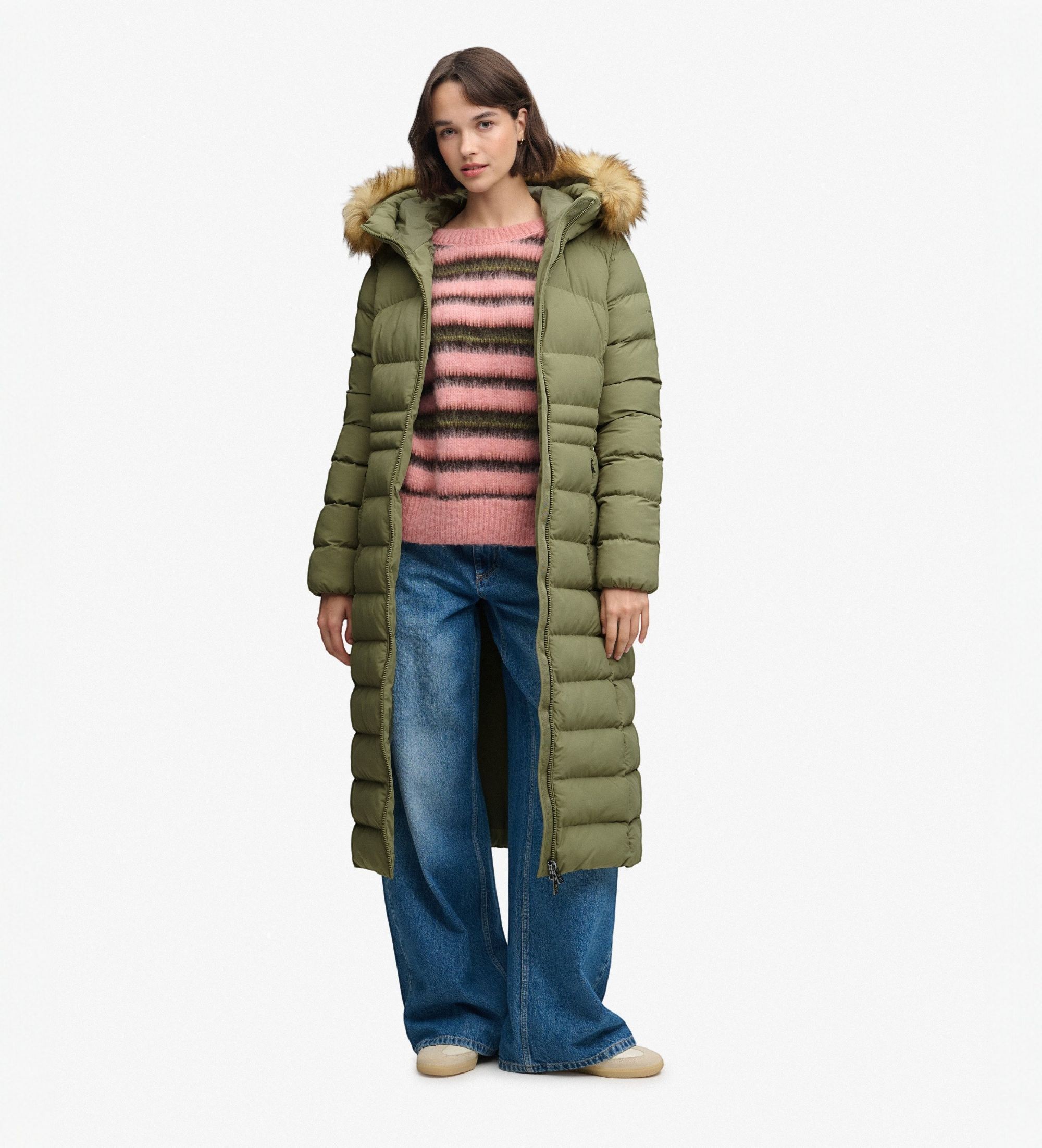Superdry für Damen. W5012183A Grüner Fuji Longline Mantel mit Kapuze aus Kunstfell (XS), Lässig, Polyester