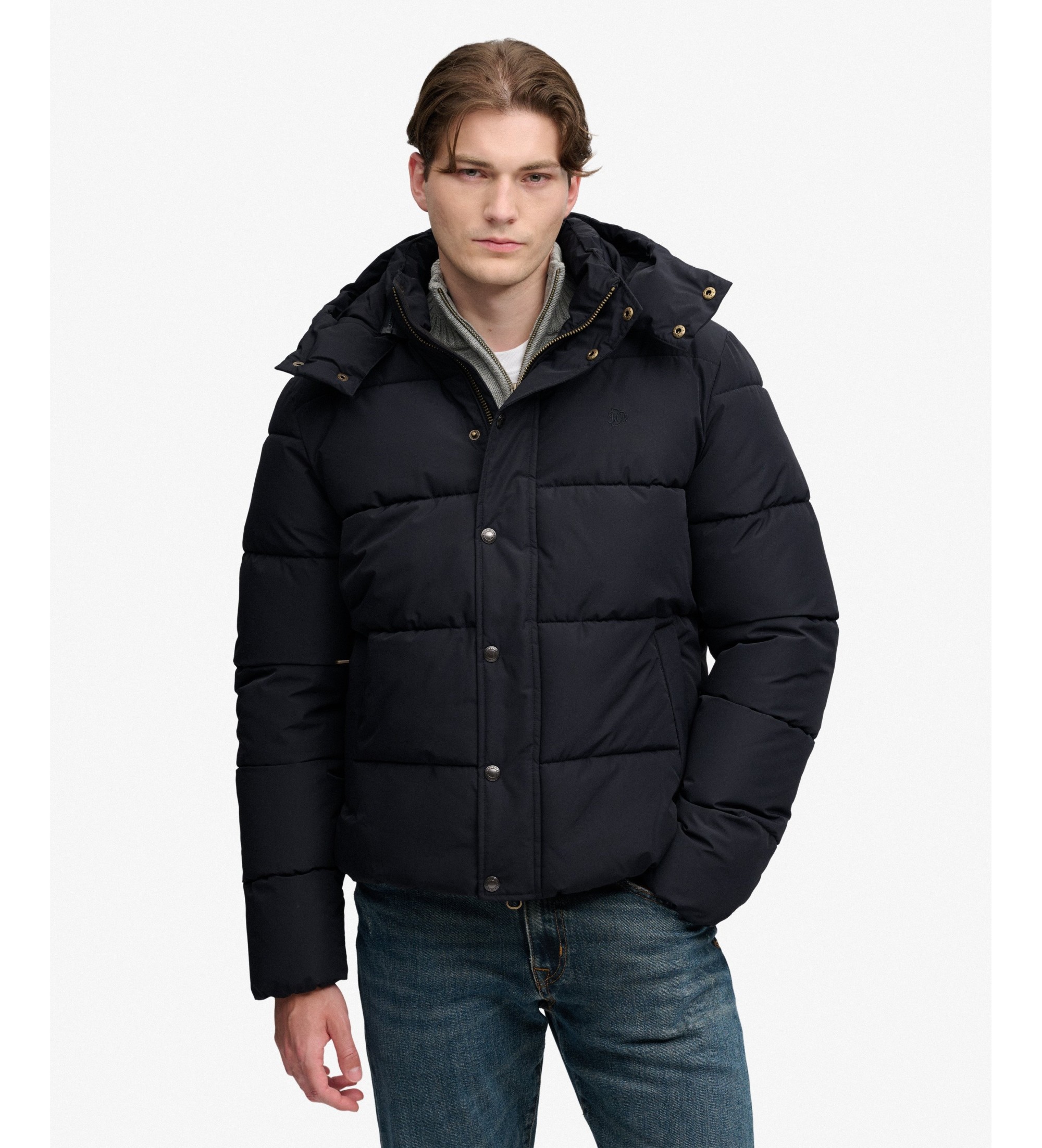 Superdry für Herren. M5012429A Premium-Mantel mit Kapuze, schwarz (L), Lässig, Recyceltes Polyester