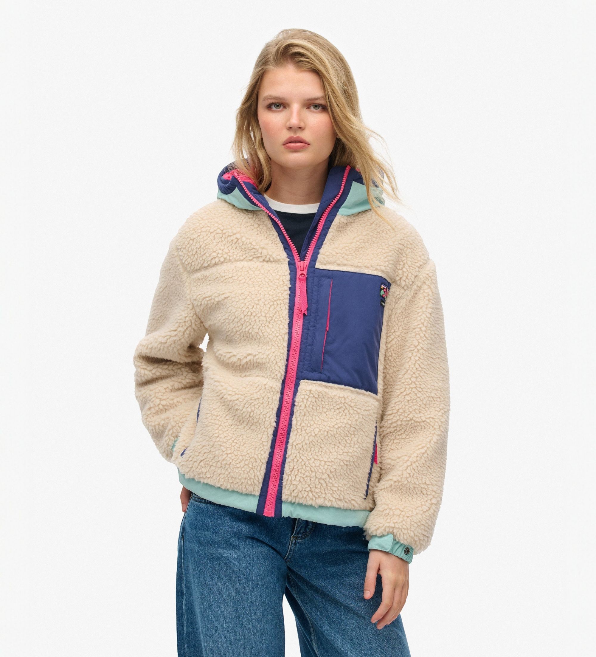 Superdry für Damen. W5011900A Vintage Hooded Sherpa Kapuzenpullover beige (XL), Lässig, Recyceltes Polyester