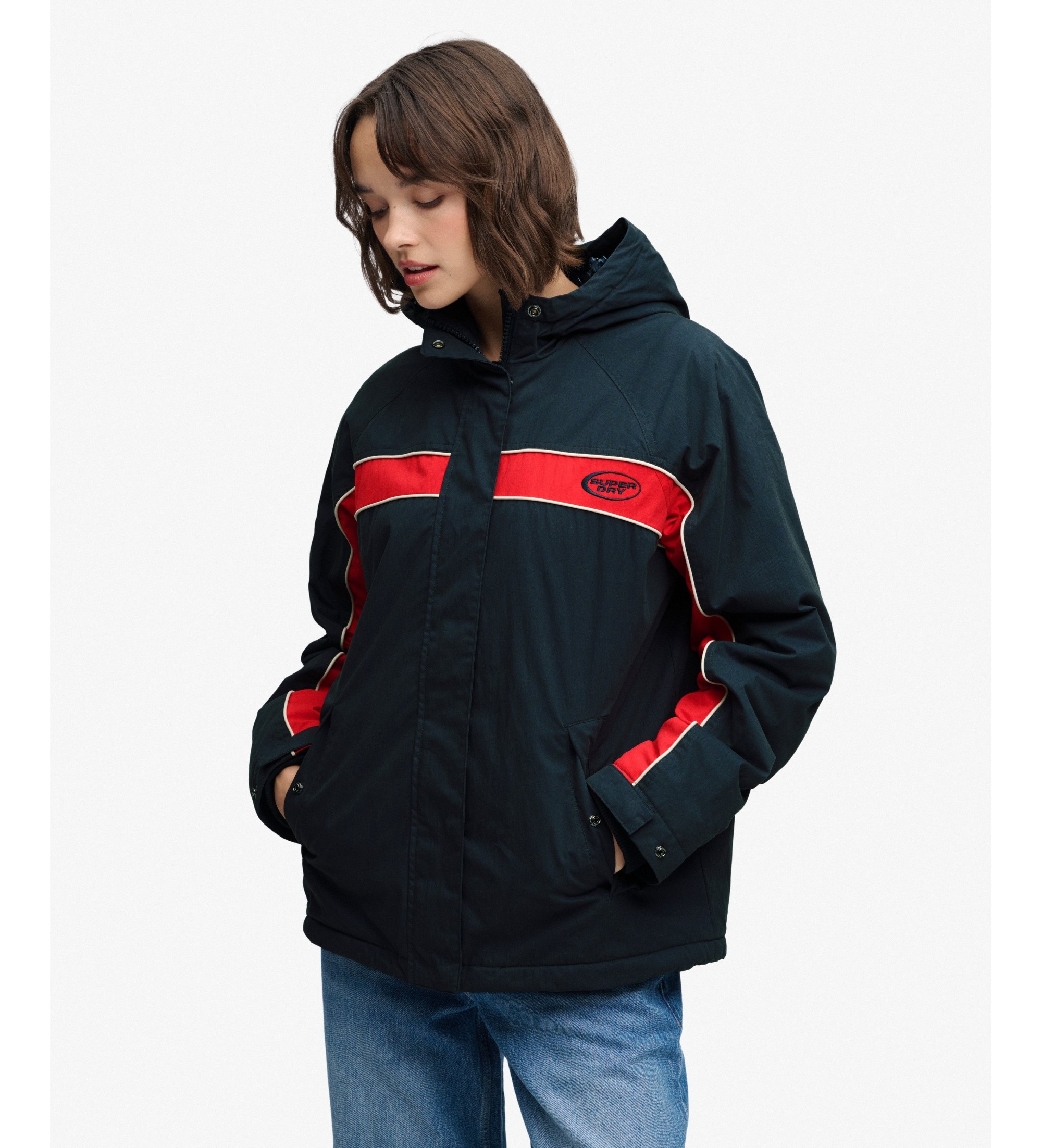 Superdry für Damen. W5012226A Vintage Hooded Wind Jacke mit Kapuze, marineblau (L), Lässig, Baumwolle