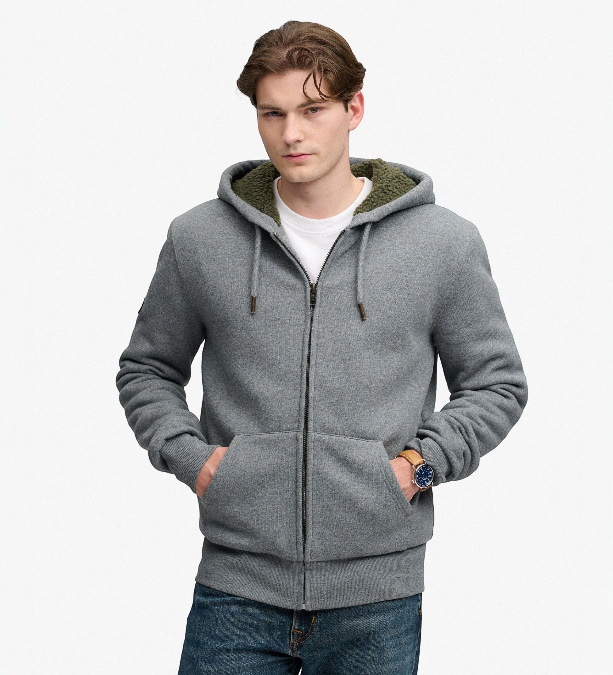 Superdry für Herren. M2014583A Graues Kapuzensweatshirt mit Reißverschluss und Borg-Futter (XXL), Lässig, Baumwolle