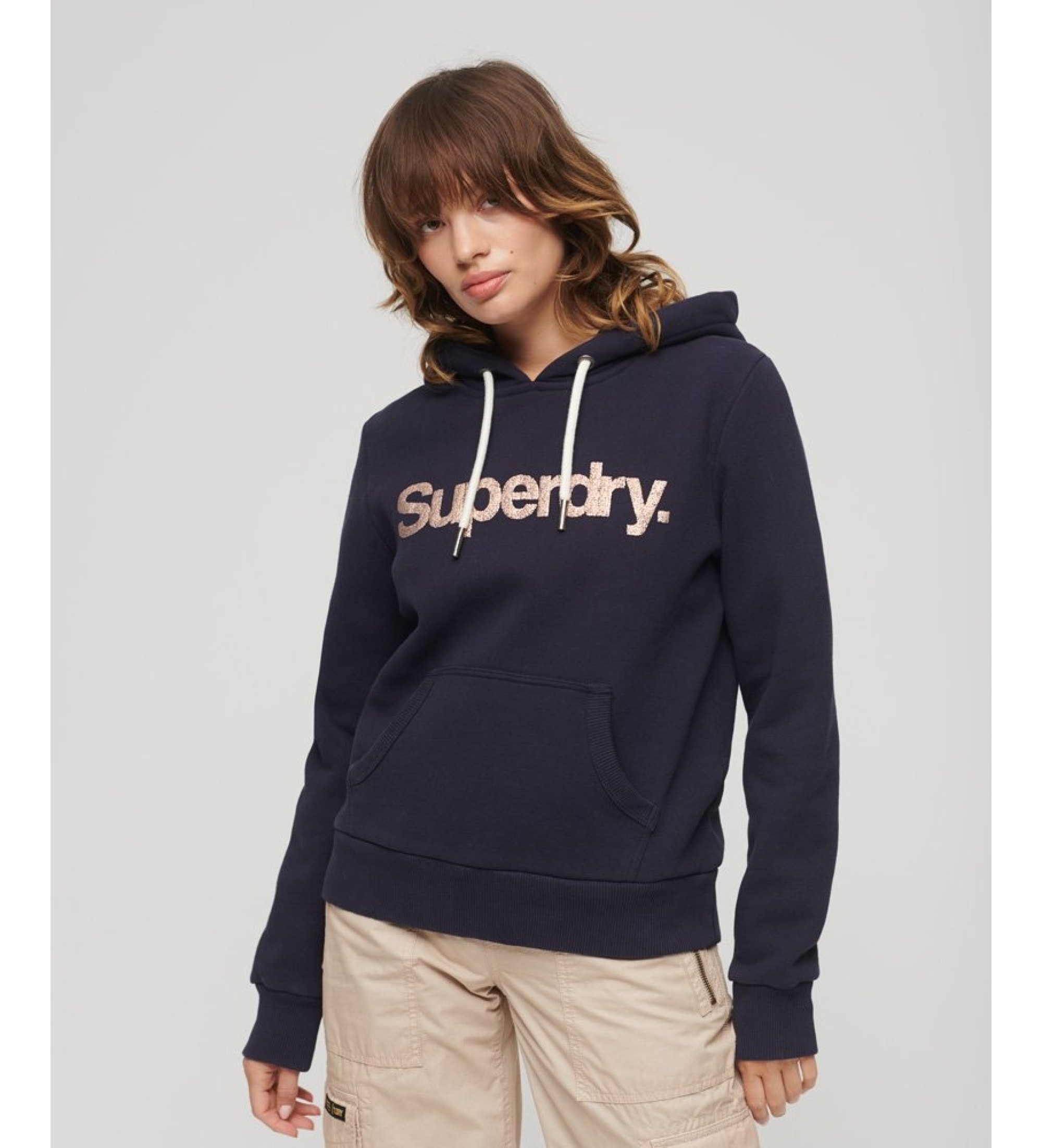 Superdry für Damen. W2011973A Metallic Core Kapuzenpullover marineblau (S), Lässig, Baumwolle