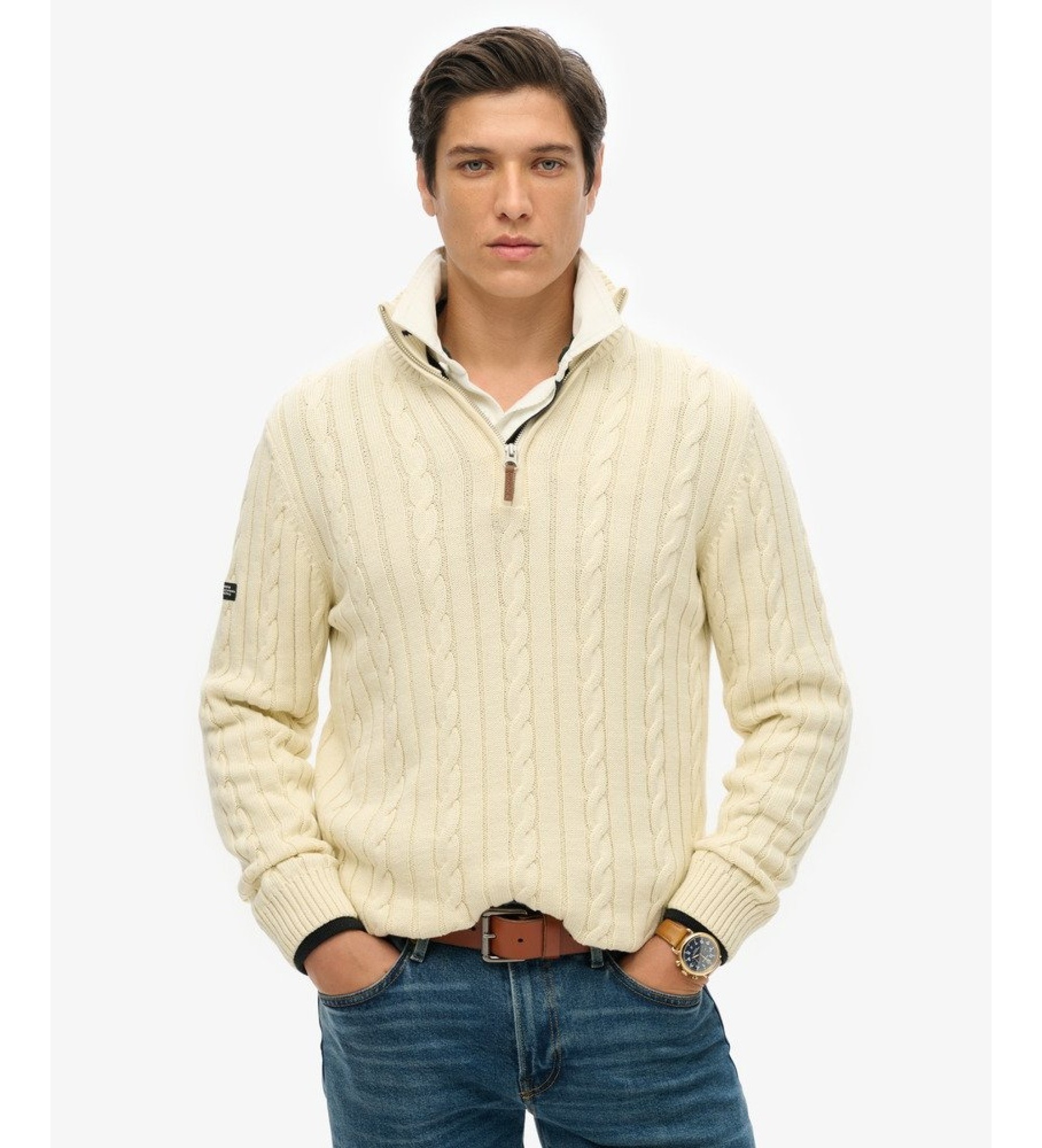 Superdry für Herren. M6110661B Pullover mit halbem Reißverschluss Cotton Classic Cable 1/2 cremeweiß (XL), Lässig, Baumwolle
