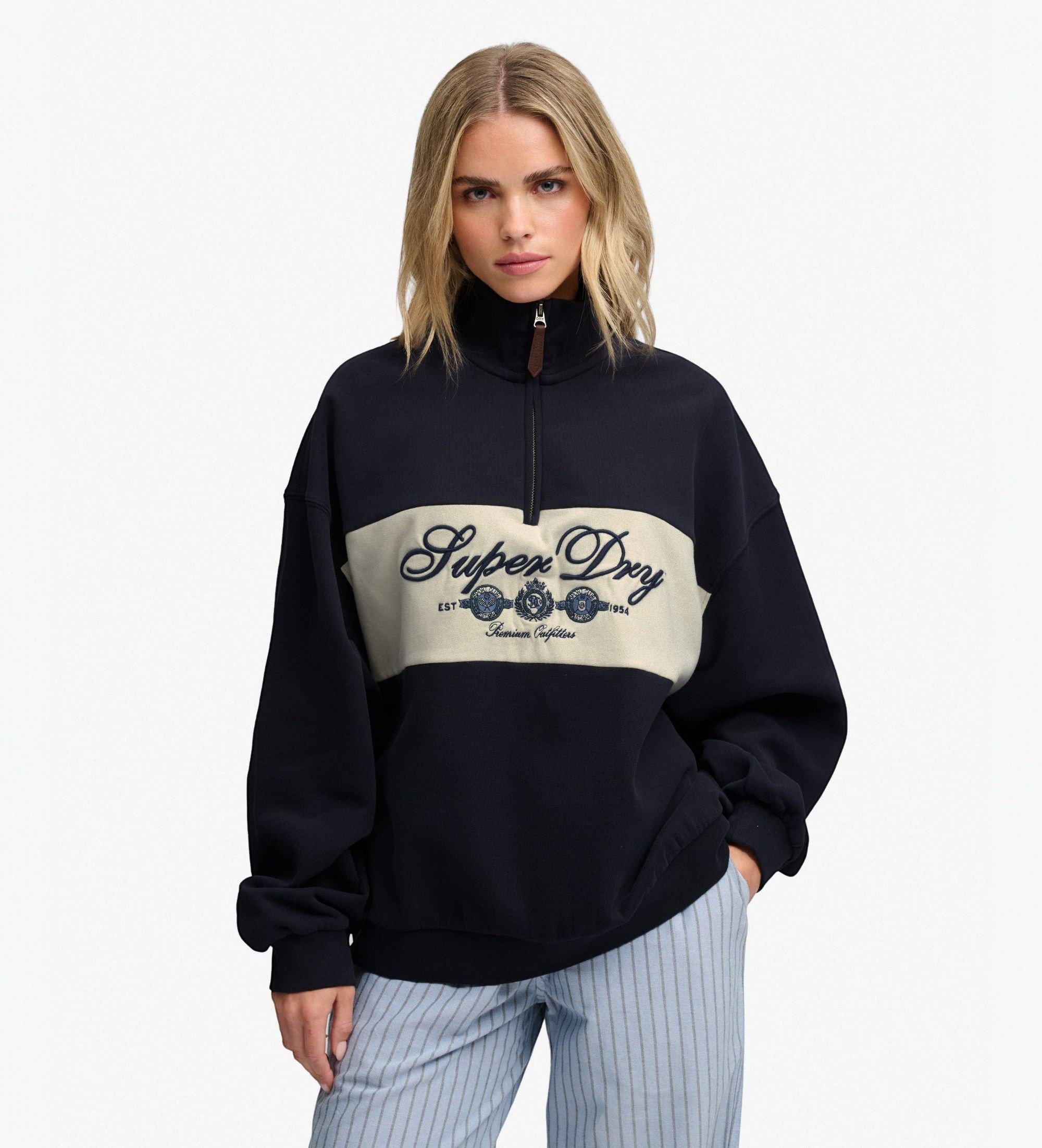 Superdry für Damen. W2012723A Sweatshirt mit halbem Reißverschluss Ornate Script Half marineblau (S), Lässig, Baumwolle