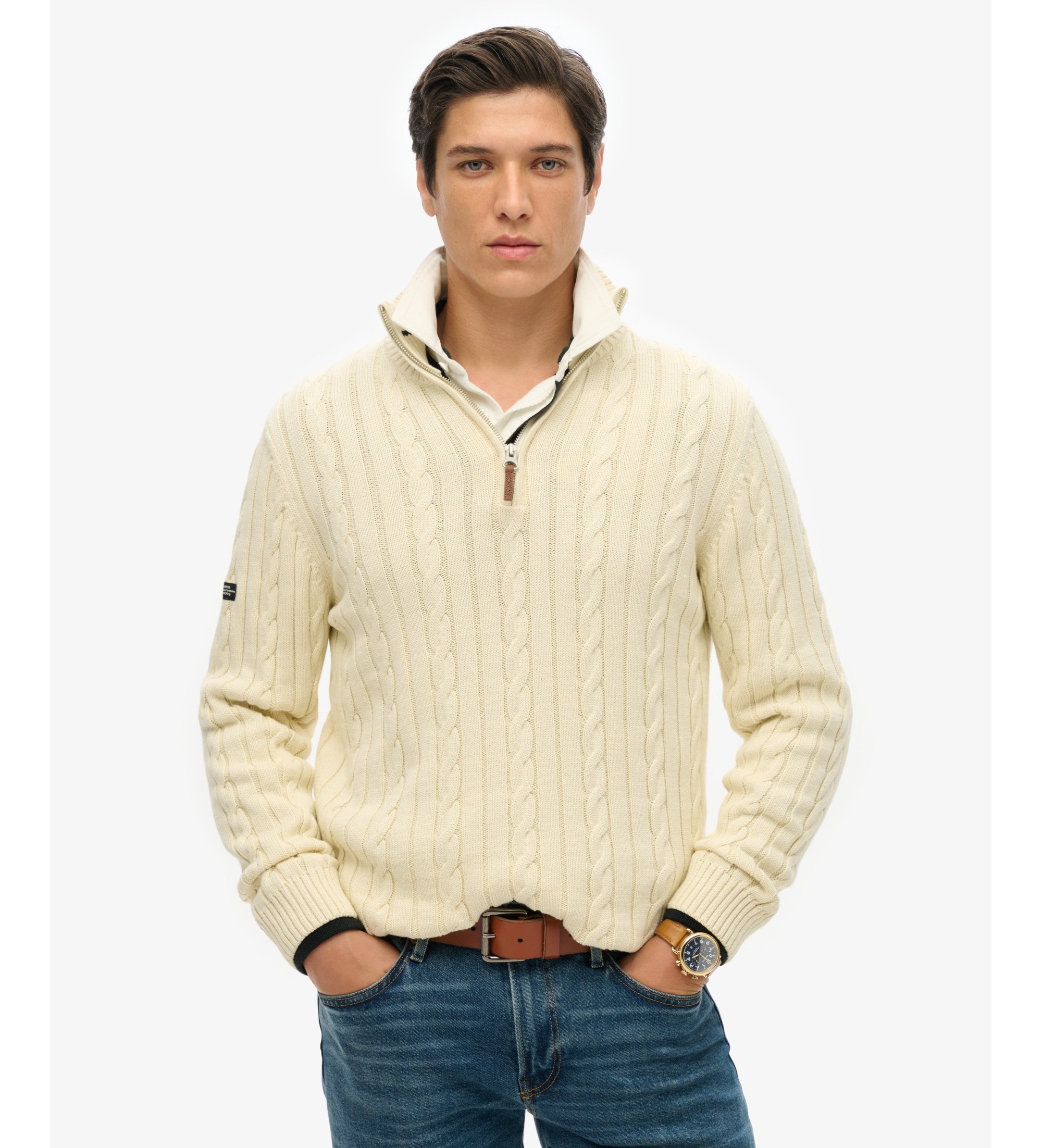 Superdryvoor mannen. M6110731A Preppy Cotton Cable Half Zip sweater beige (S), Casual, Katoen