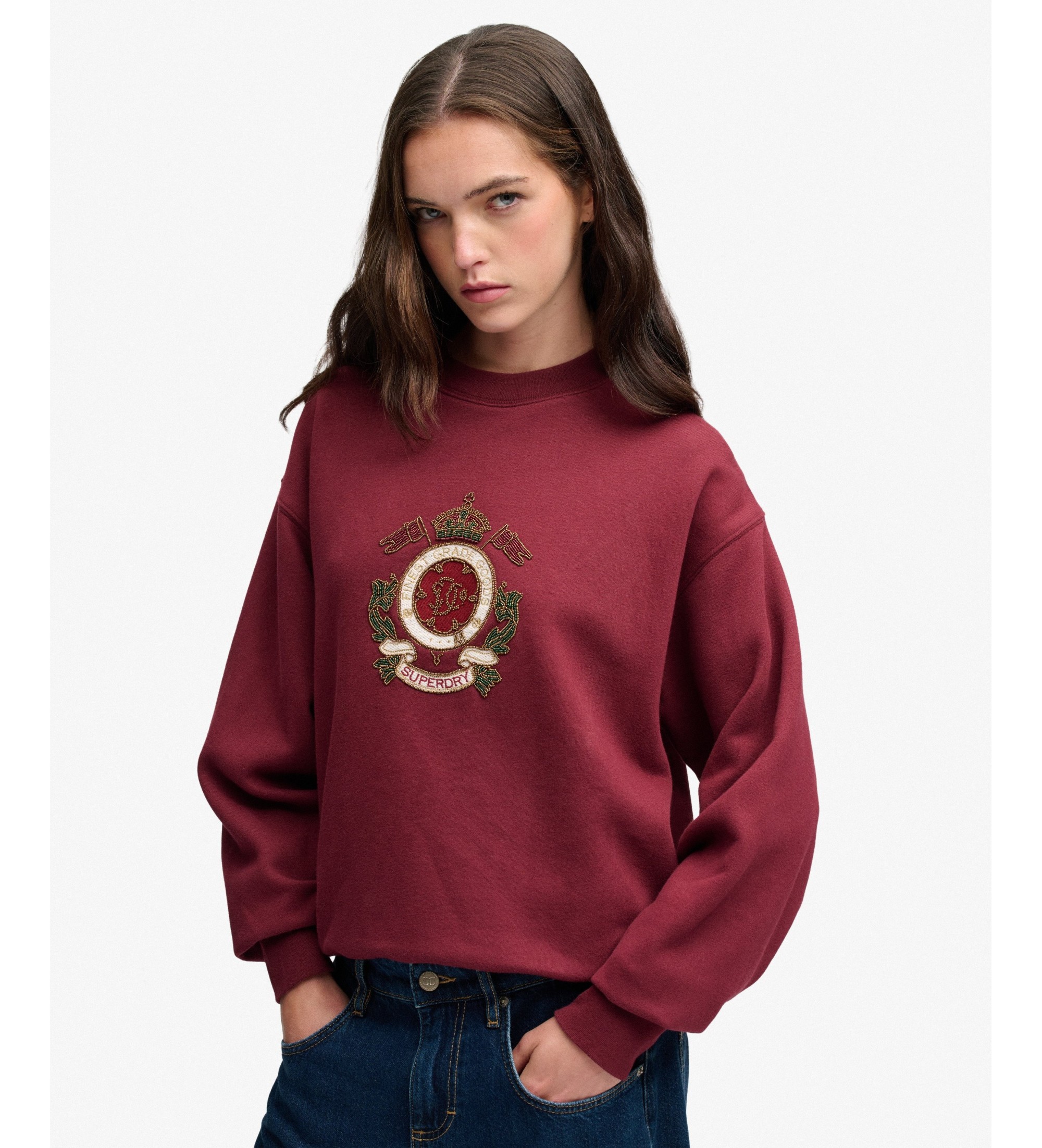 Superdry für Damen. W2012721A Sweatshirt Crest Loose bordeauxrot (XS), Lässig, Baumwolle