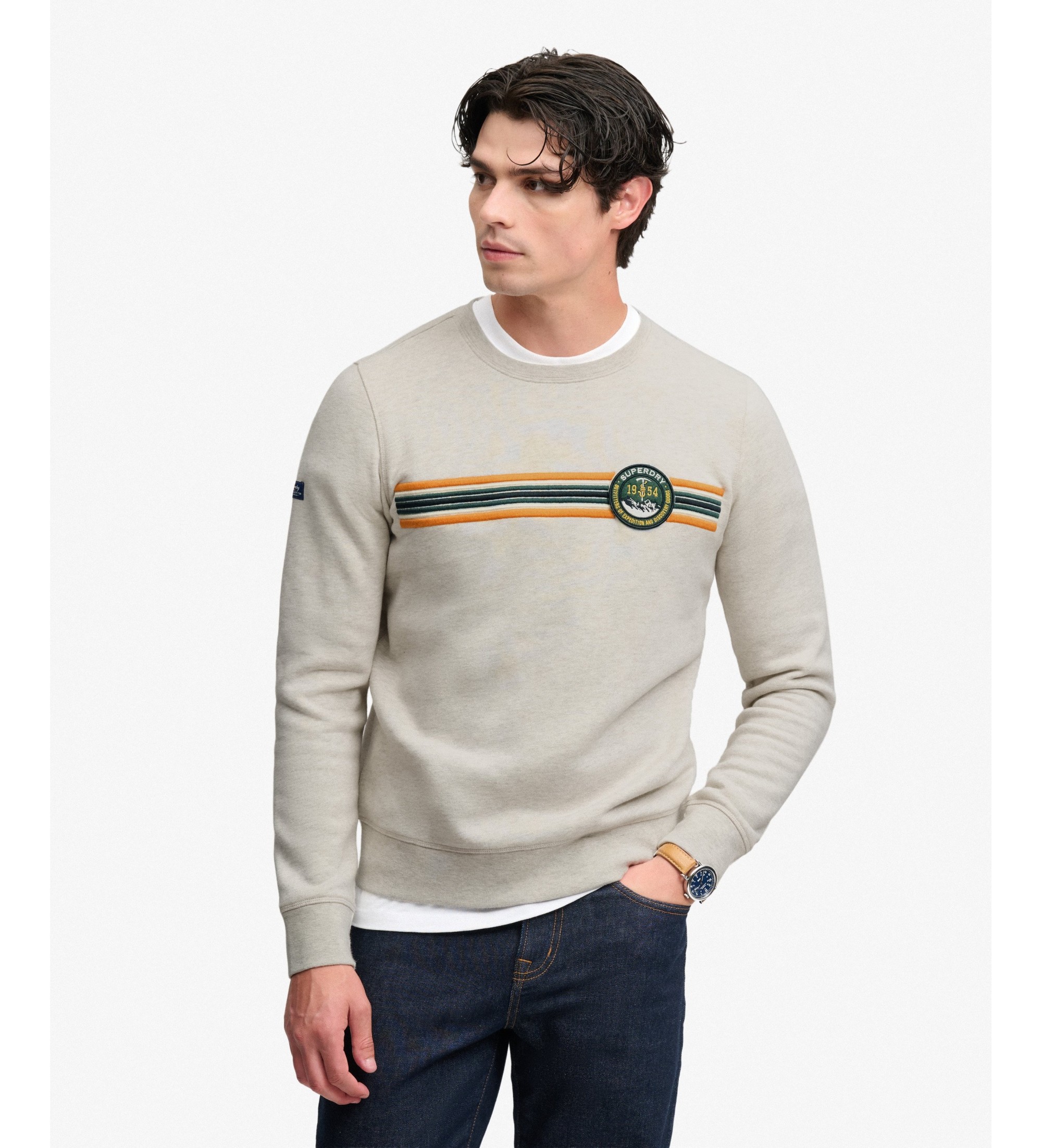 Superdry für Herren. M2014569A Outdoor Stripe Logo Sweatshirt Beige (S), Lässig, Baumwolle