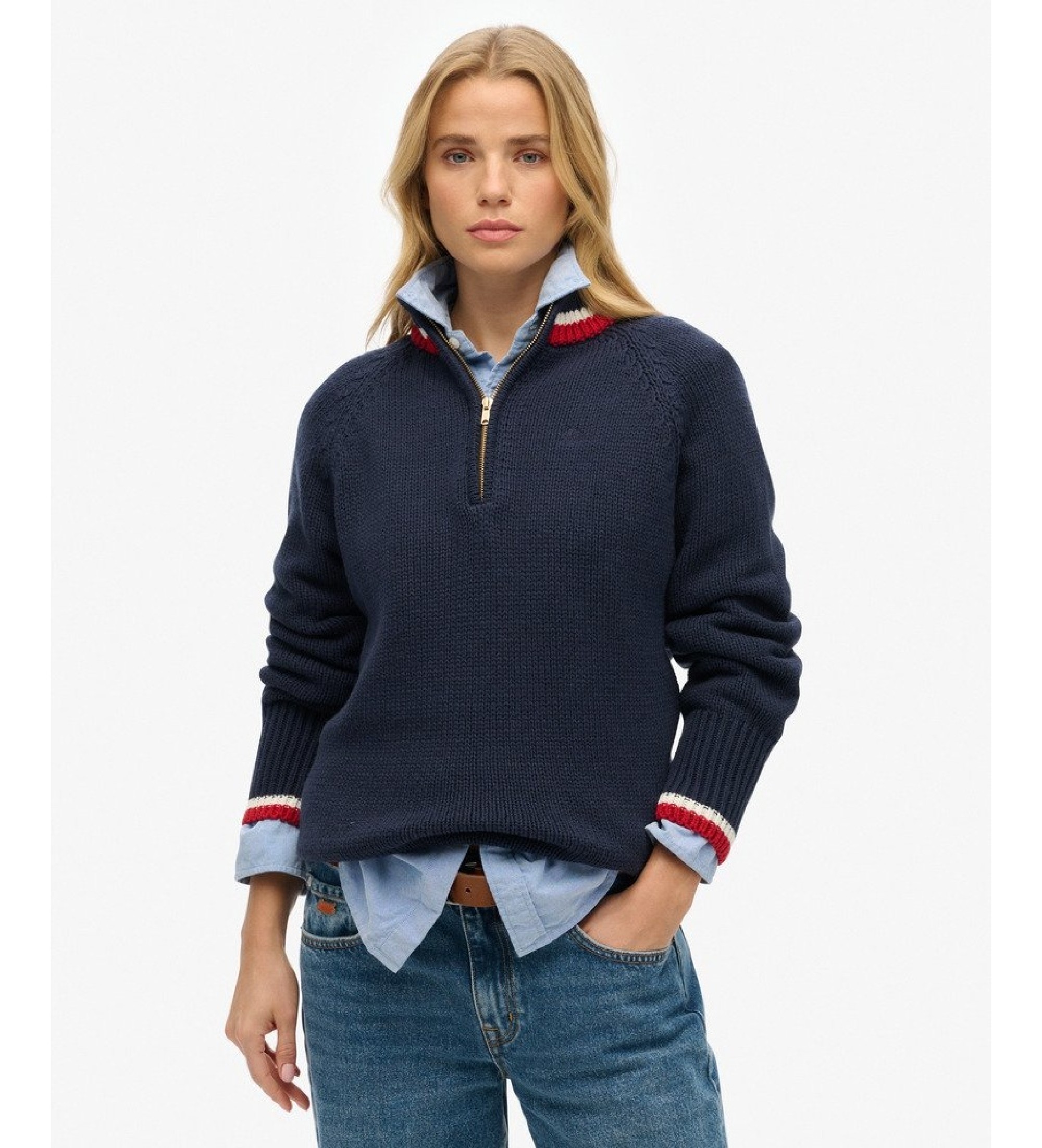 Superdry für Damen. W6110669A Pullover mit halbem Reißverschluss in Marineblau (S), Lässig, Wolle, Klassisch