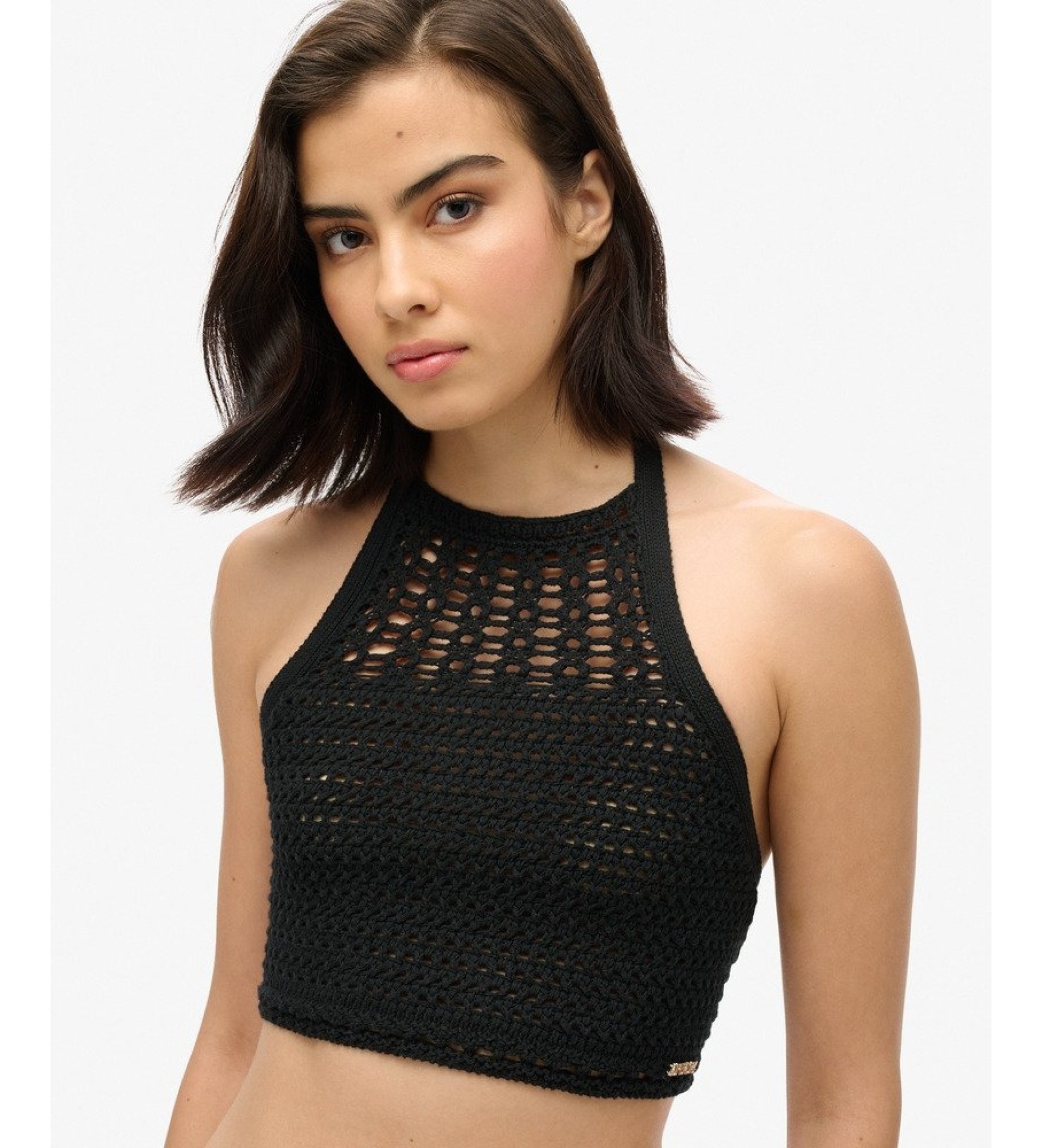 Superdry für Damen. W6011988A Top Crop Halter Häkel Schwarz (M), Lässig, Baumwolle, Ärmellos / Hosenträger