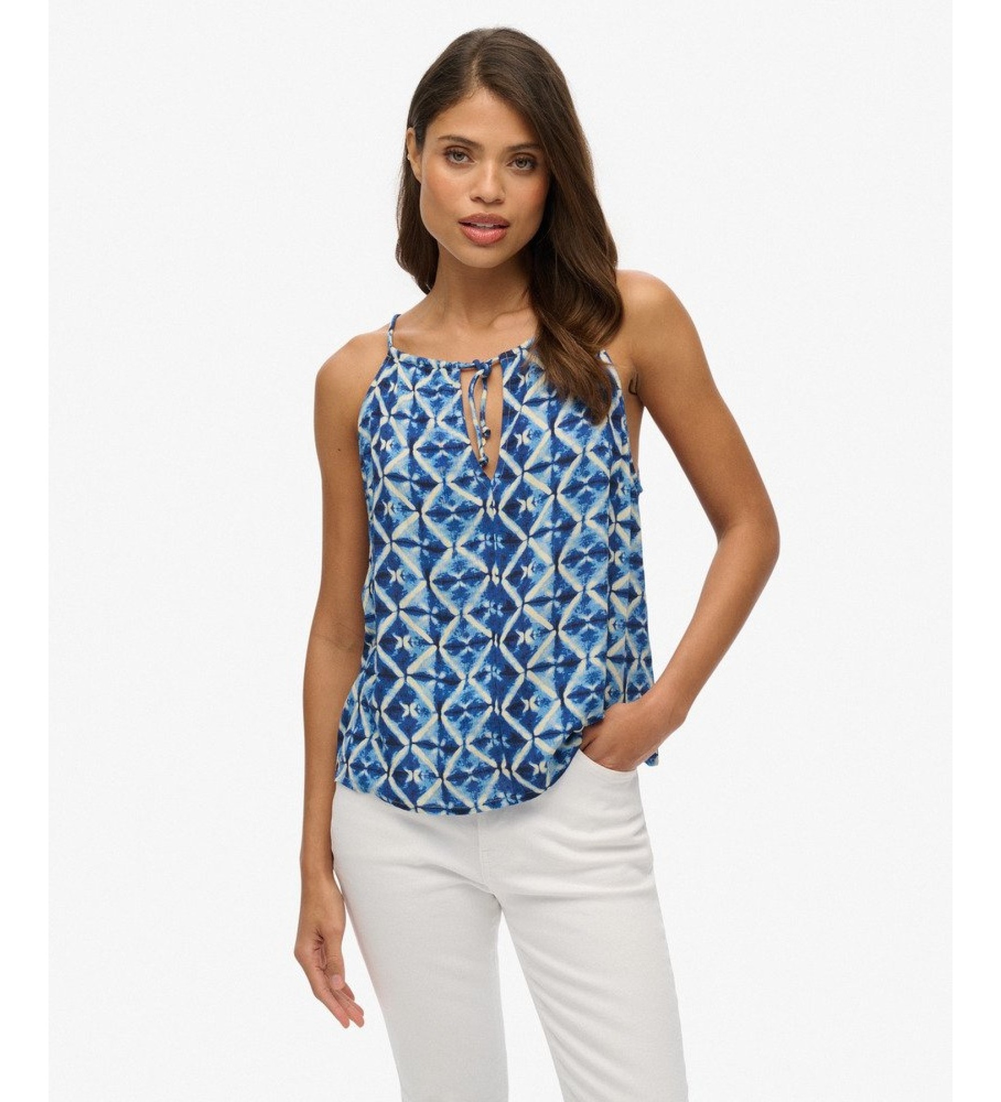 Superdryvoor vrouwen. W6012102A Beach top met bandjes blauw (L), Casual, Viscose, Mouwloos / spaghettibandjes