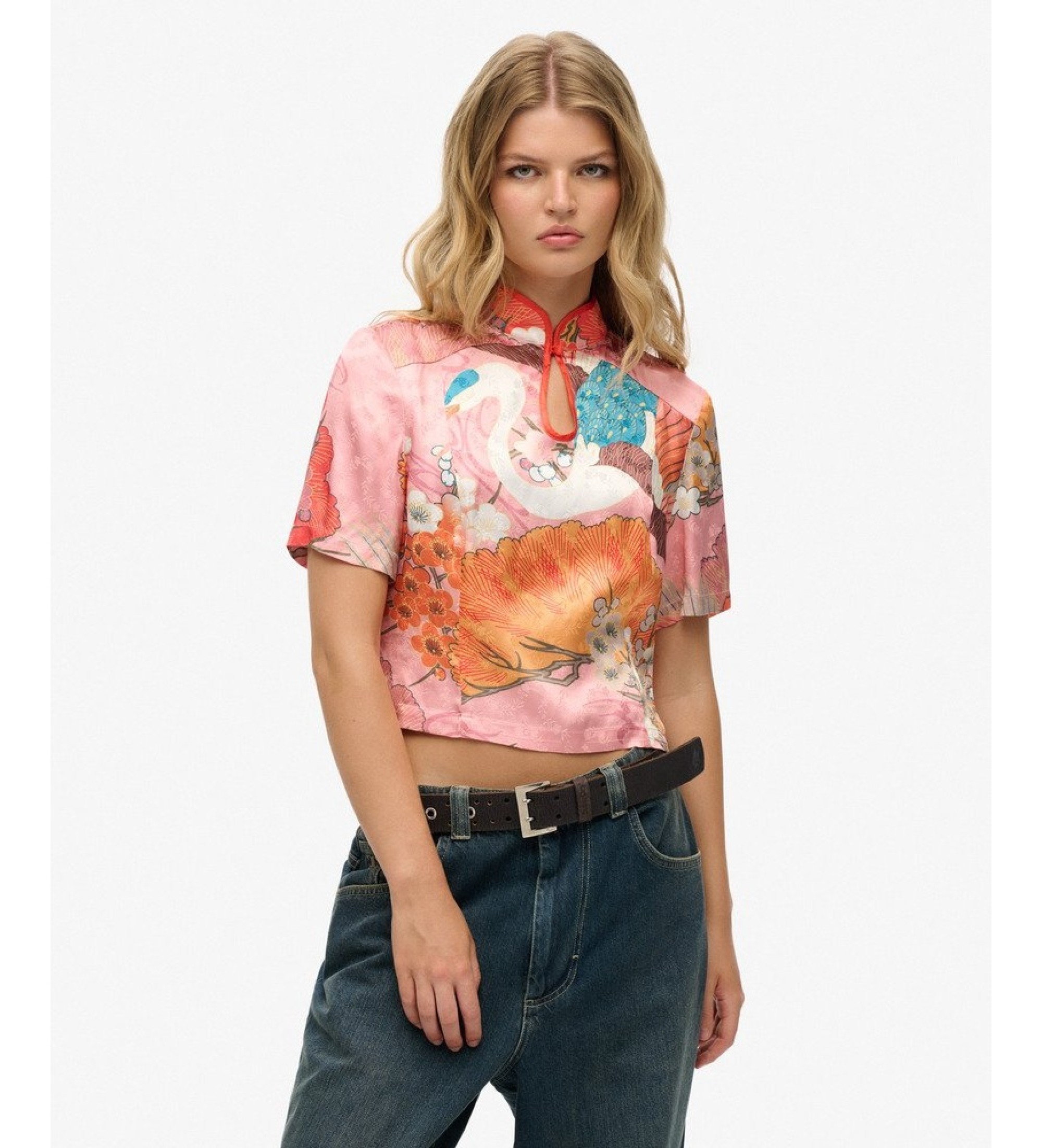 Superdry für Damen. W6012099A Top Mandarin Jacquard koralle (S), Lässig, Viskose, Kurzarm