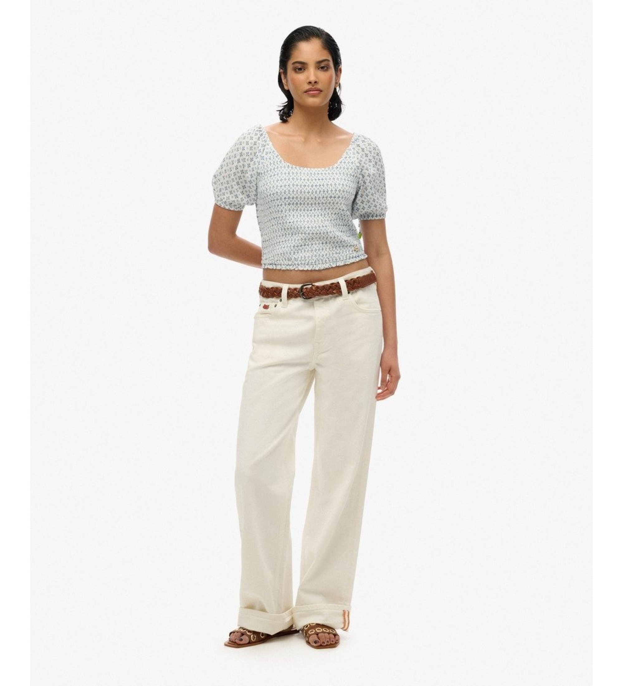 Superdry für Damen. W6011857A Top Smocked Woven blau (L), Lässig, Viskose, Kurzarm