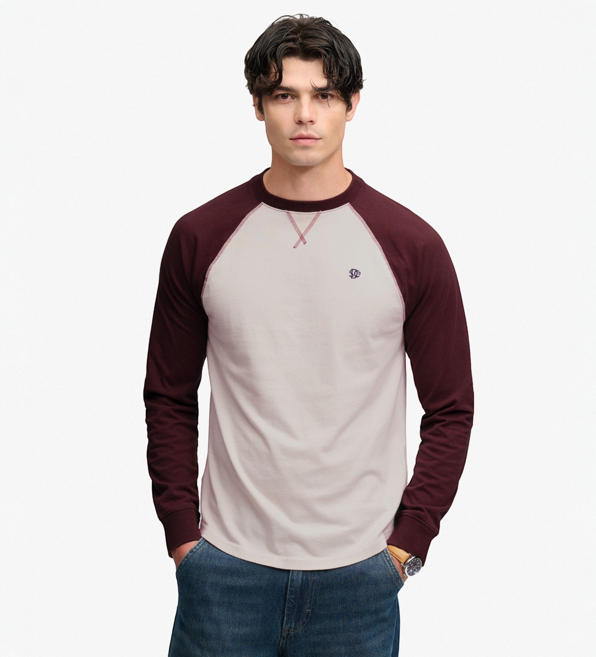 Superdry für Herren. M6010976A Vintage Athletic Baseball T-Shirt beige, weinrot (XXL), Lässig, Baumwolle, Langarm, Bordeaux