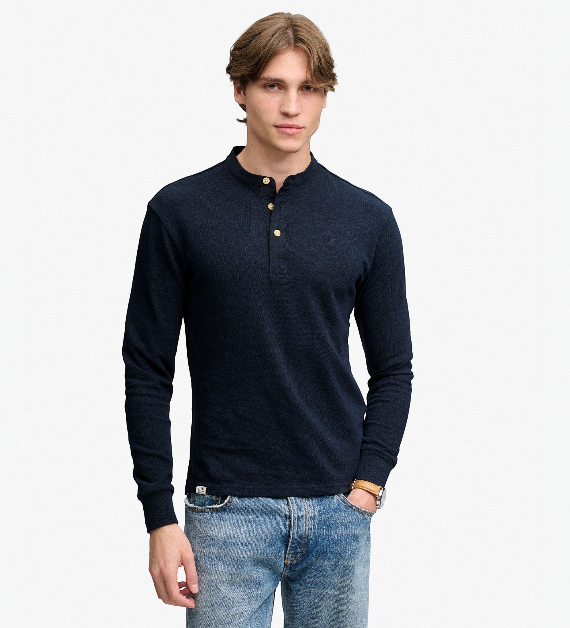 Superdry für Herren. M6010965A Marineblaues T-Shirt mit Mao-Kragen (XXL), Lässig, Baumwolle, Langarm