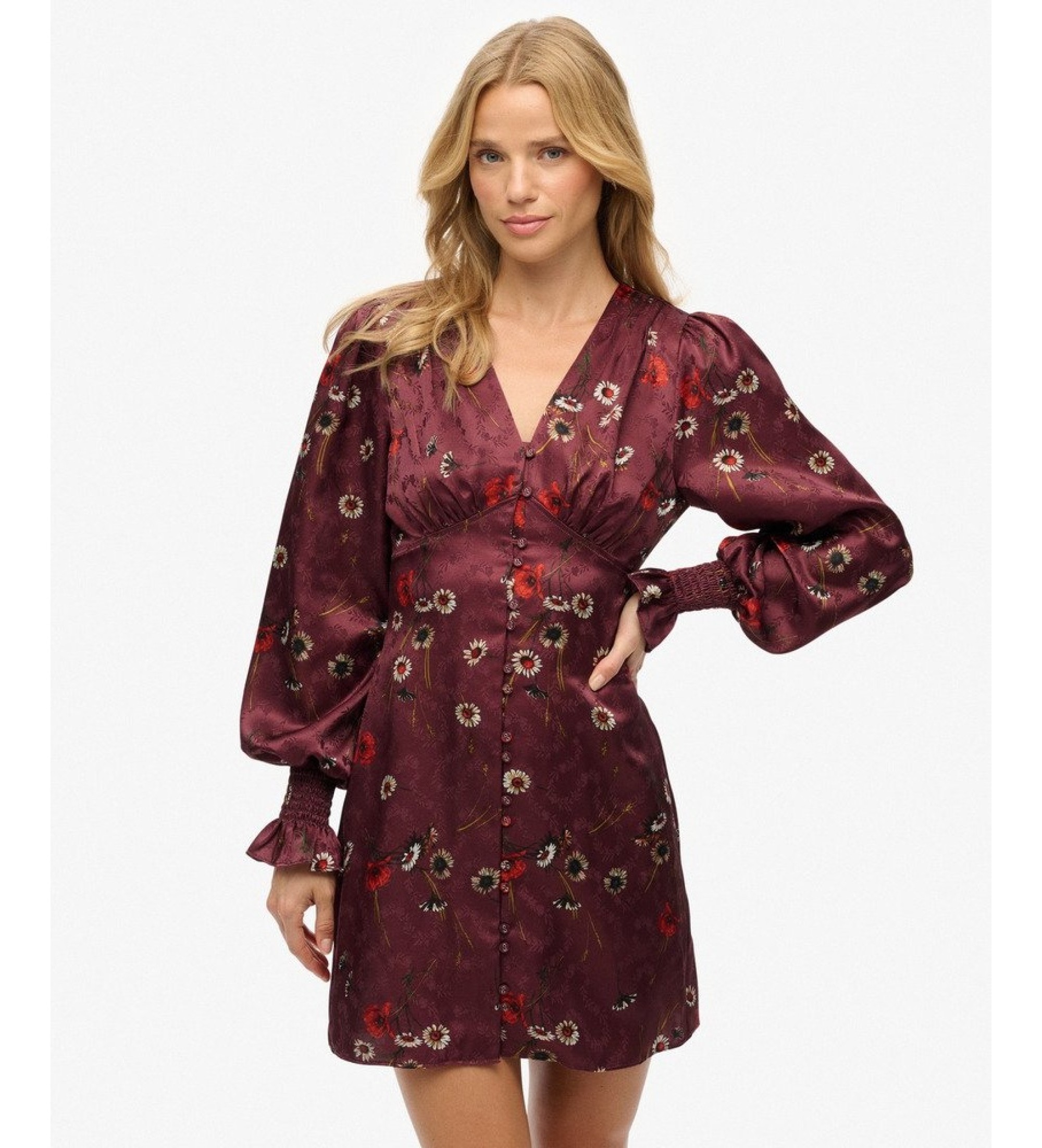 Superdry für Damen. W8012005A Granatfarbenes Jacquard-Kleid (L), Lässig, Kastanienbraun, Viskose, Langarm