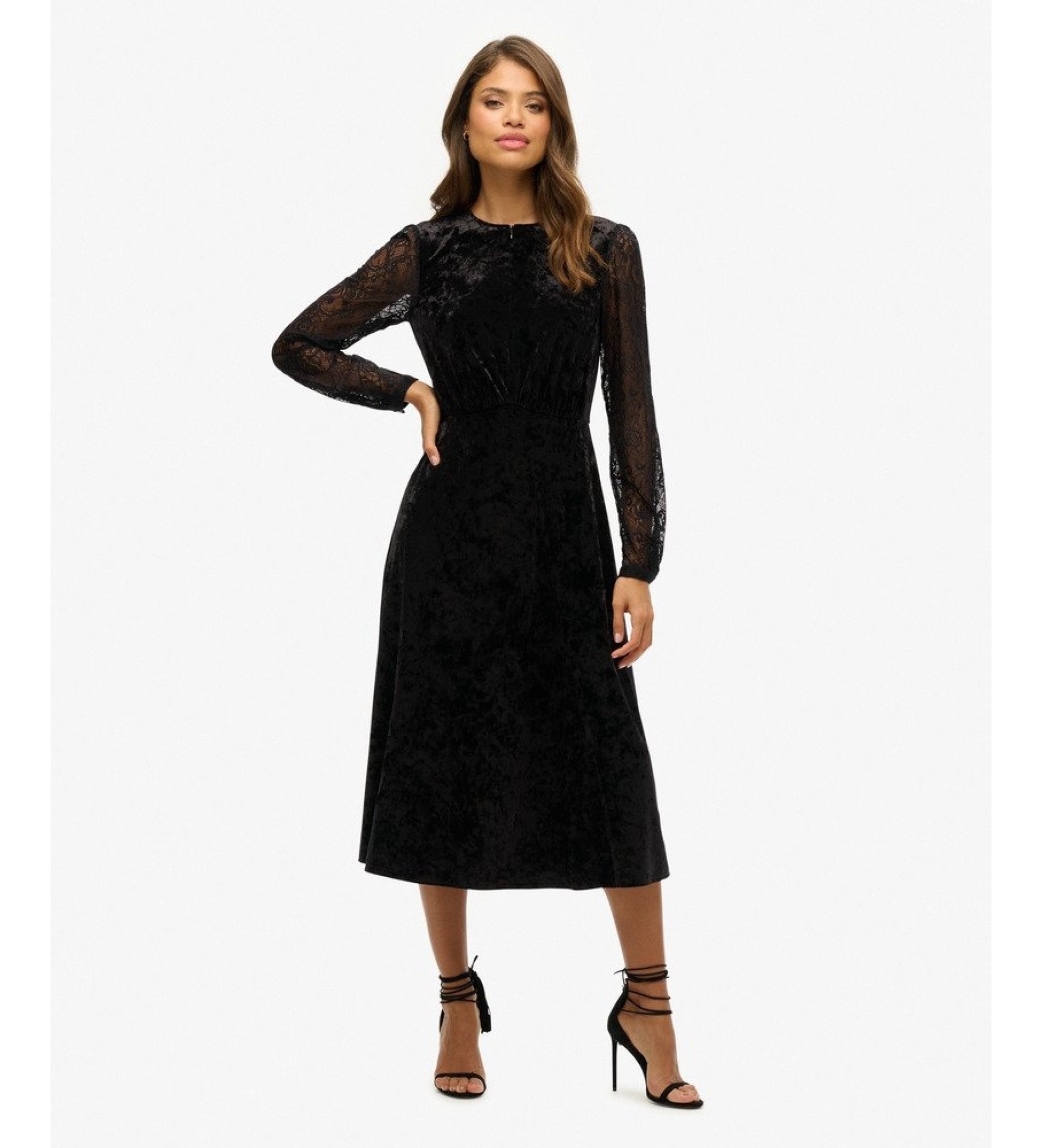 Superdry für Damen. W8011963A Lace Sleeve Velvet Kleid schwarz (XS), Party, Samt, Langarm