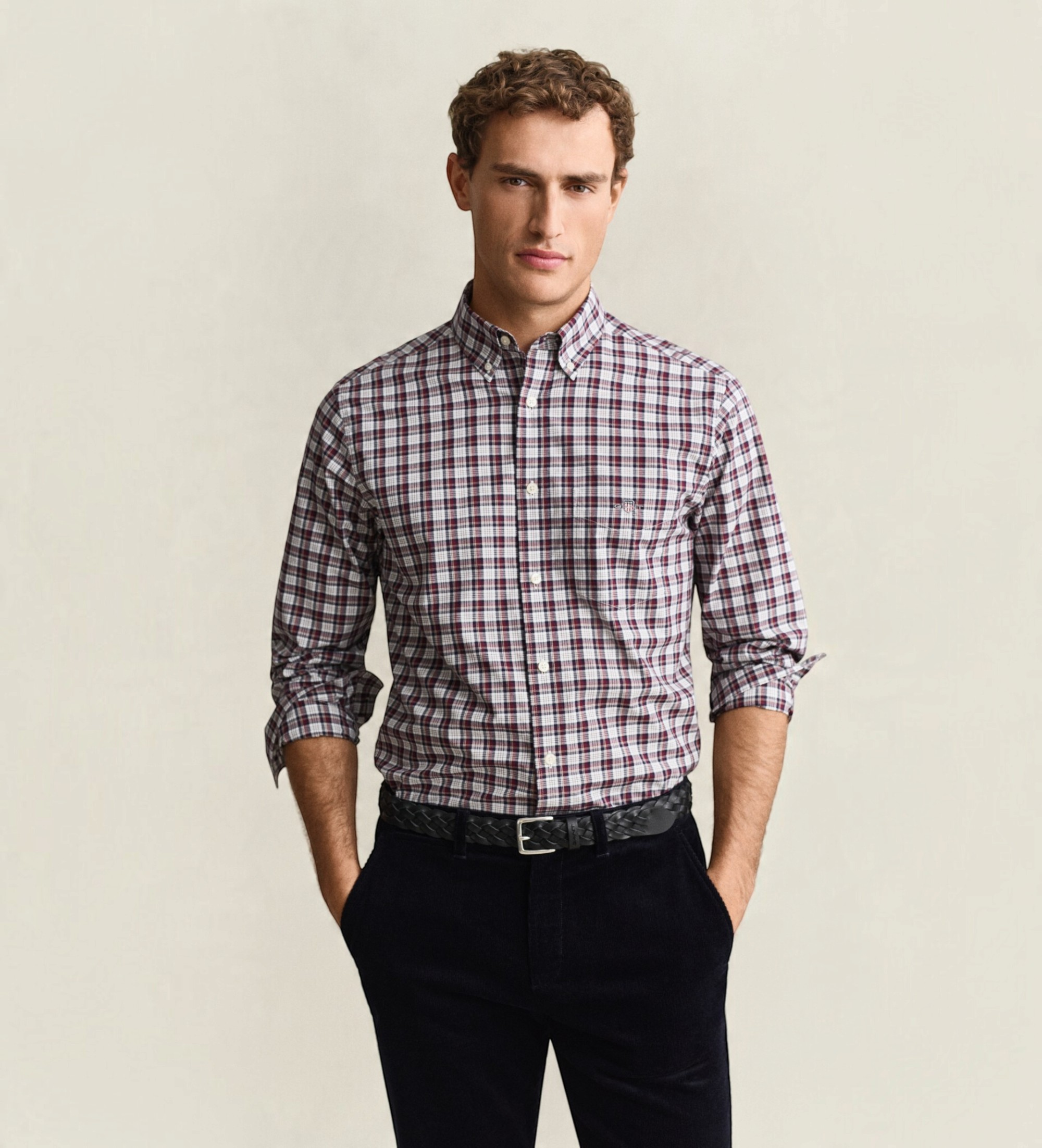 Gantvoor mannen. 3263002 Geruit overhemd van popeline in granaatrood (S), Casual, Granaatappel, Katoen, Lange mouwen