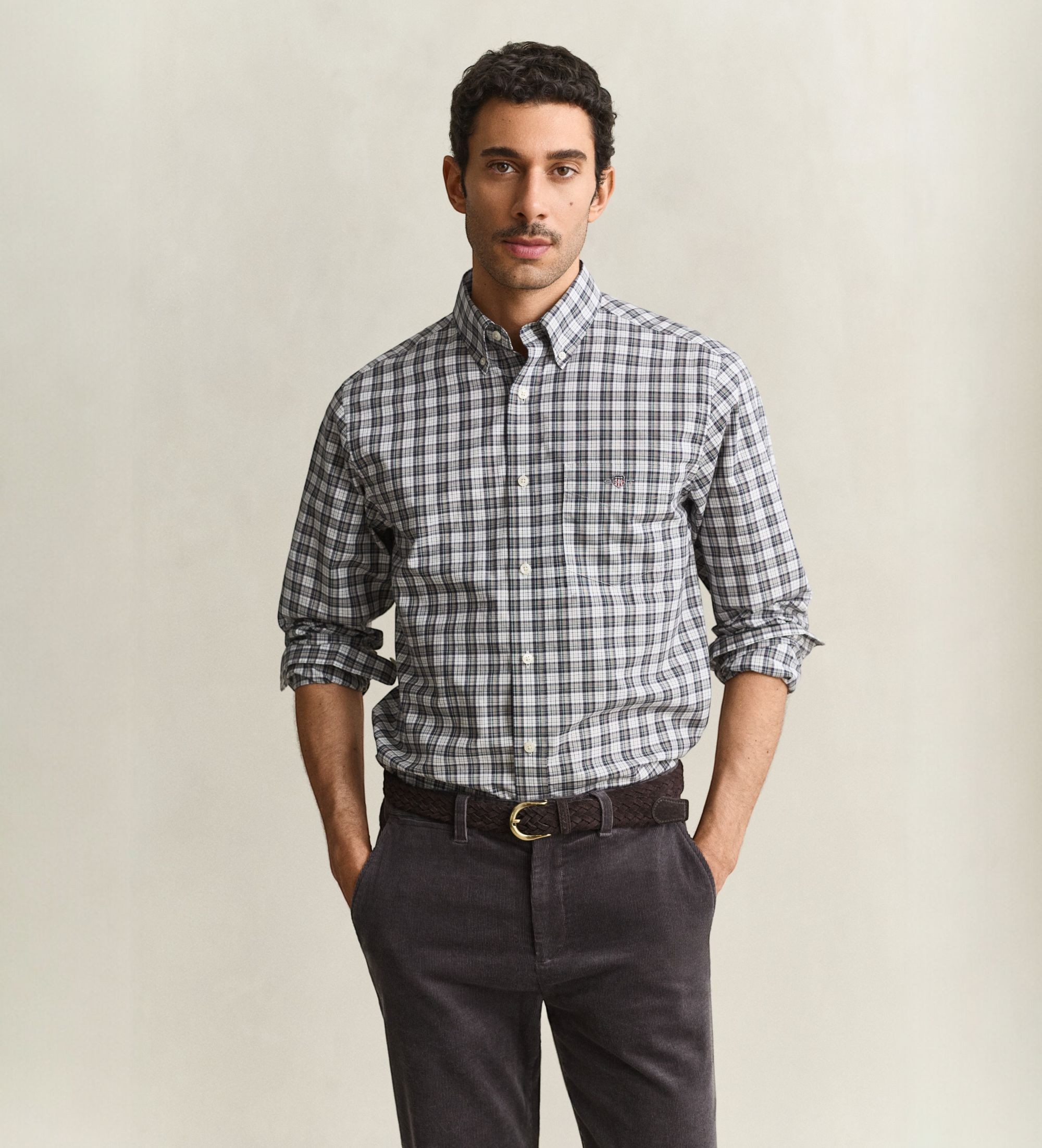 Gantvoor mannen. 3263002 Geruit popeline overhemd in taupe (S), Casual, Katoen, Lange mouwen