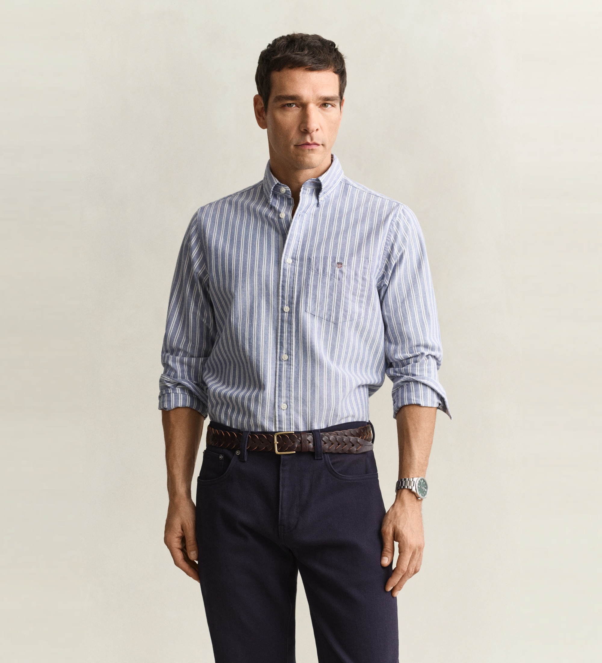 Gantvoor mannen. 3262014 Klassiek oxford overhemd met blauwe strepen (XL), Casual, Lange mouwen, Gerecycled Katoen