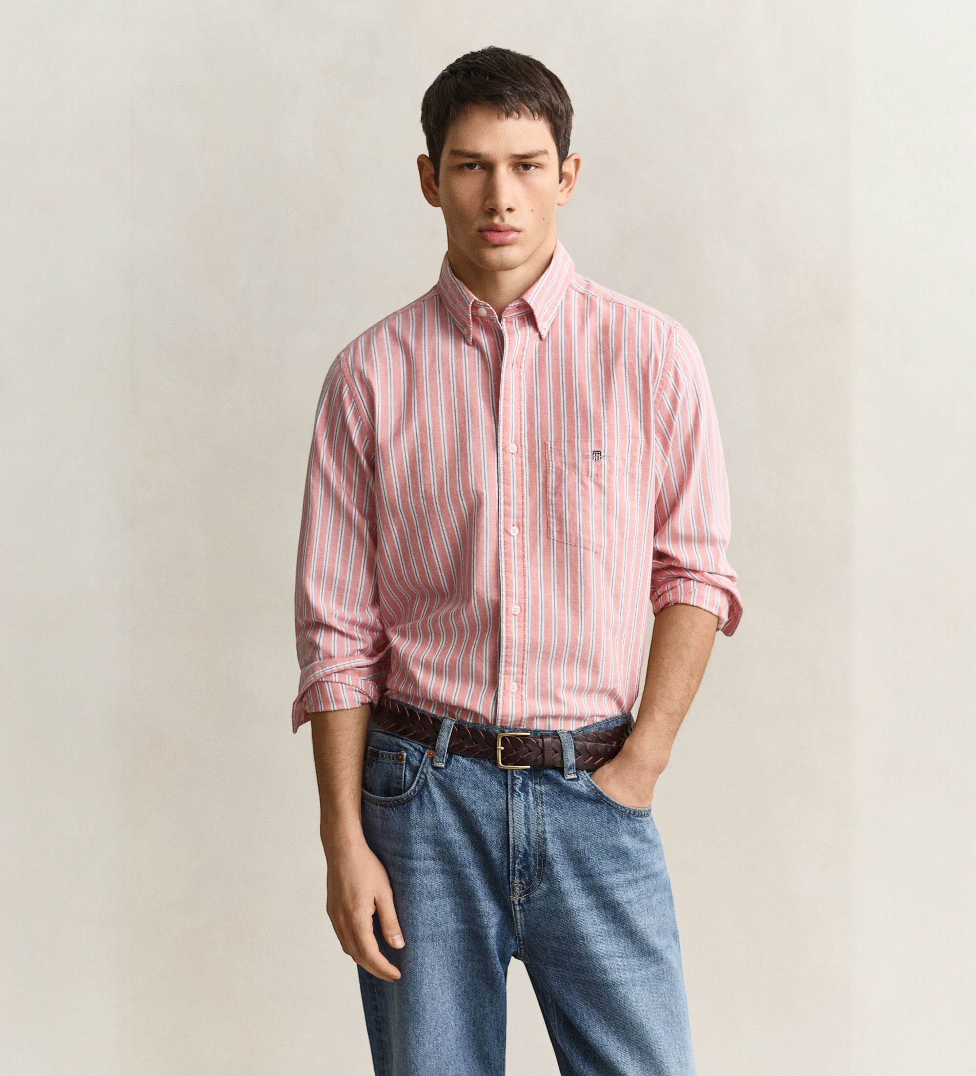 Gantvoor mannen. 3262014 Klassiek Oxford overhemd met rode strepen (XL), Rood, Casual, Lange mouwen, Gerecycled Katoen