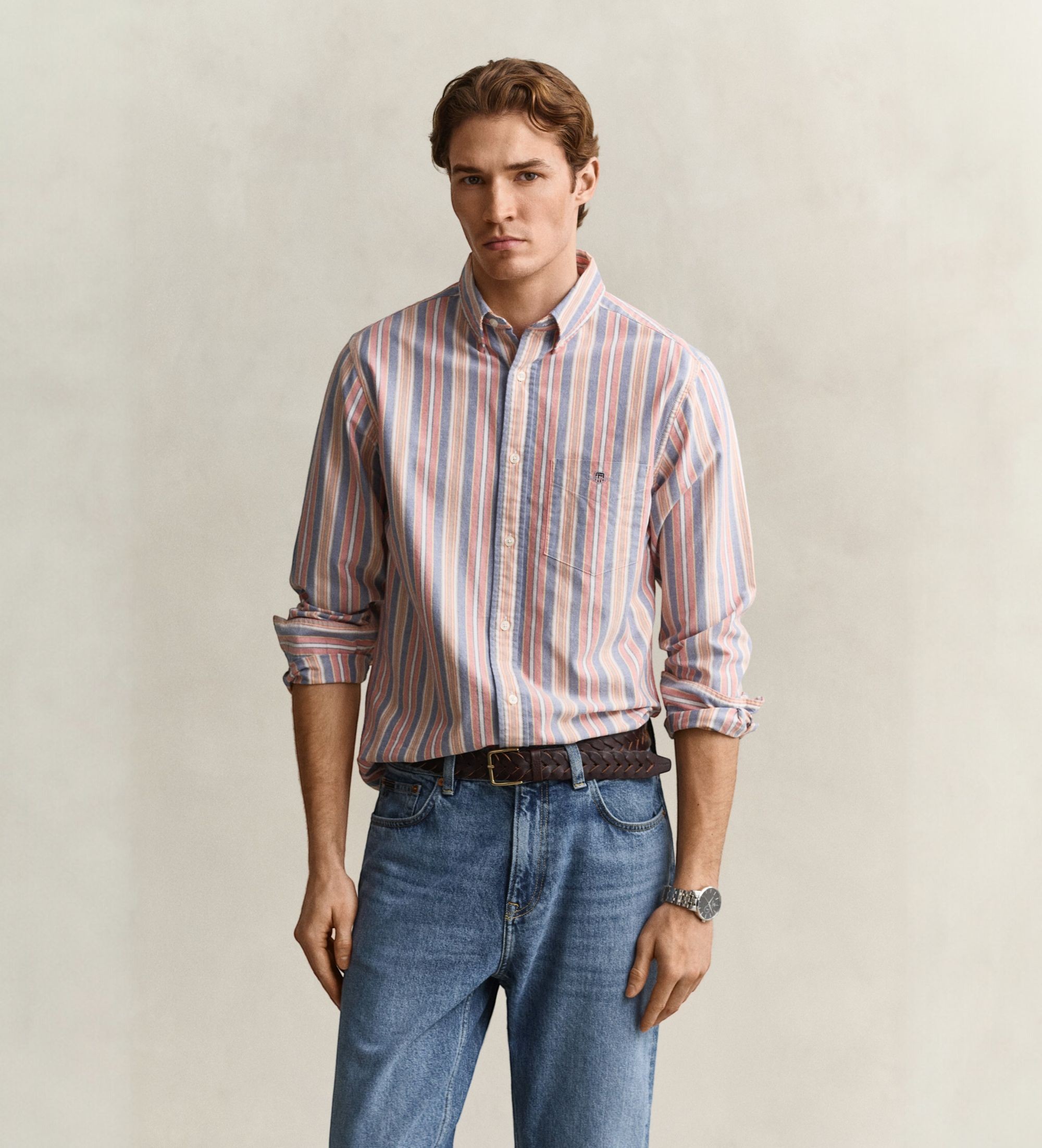 Gantvoor mannen. 3262013 Klassiek Oxford overhemd met meerkleurige strepen (4XL), Casual, Veelkleurig, Lange mouwen, Gerecycled Katoen