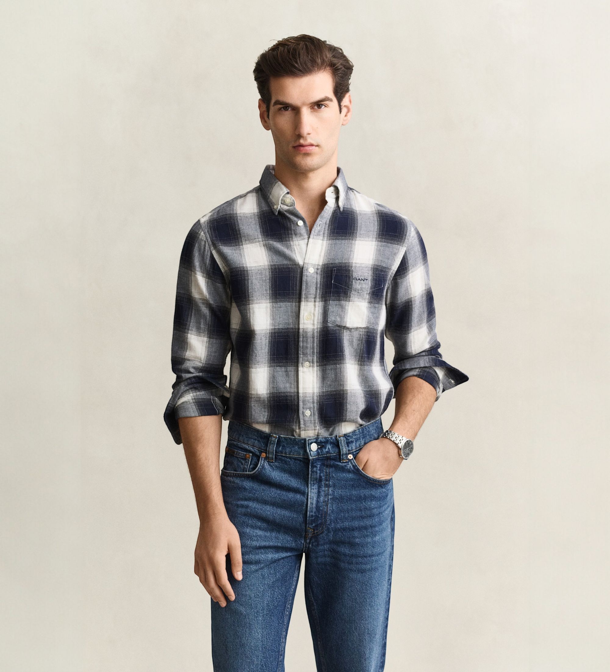 Gantvoor mannen. 3263035 Marineblauw Windblown-shirt (XL), Casual, Katoen, Lange mouwen