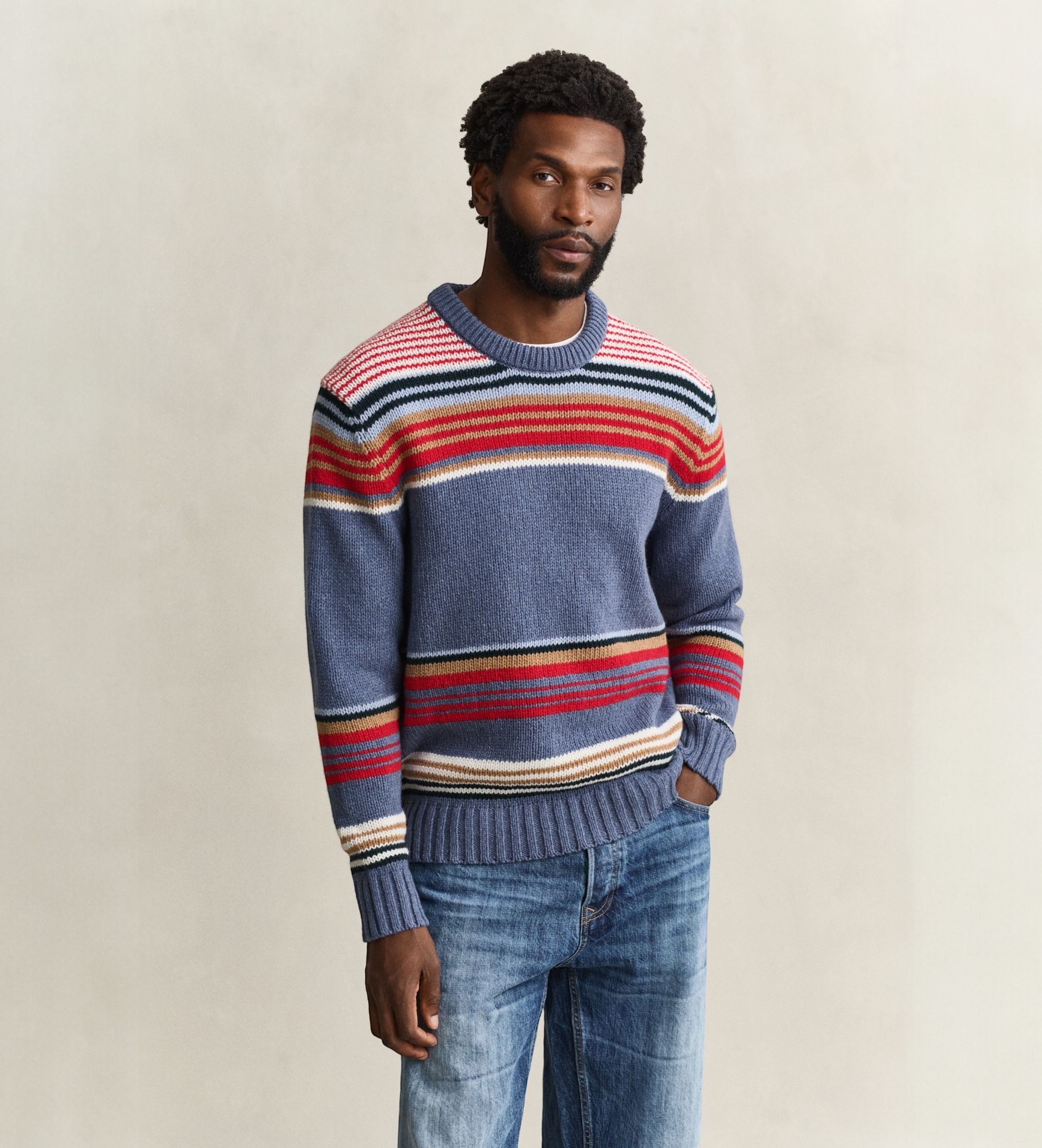 Gantvoor mannen. 8040270 Meerkleurige gestreepte trui met ronde hals (XXL), Casual, Veelkleurig, Wol