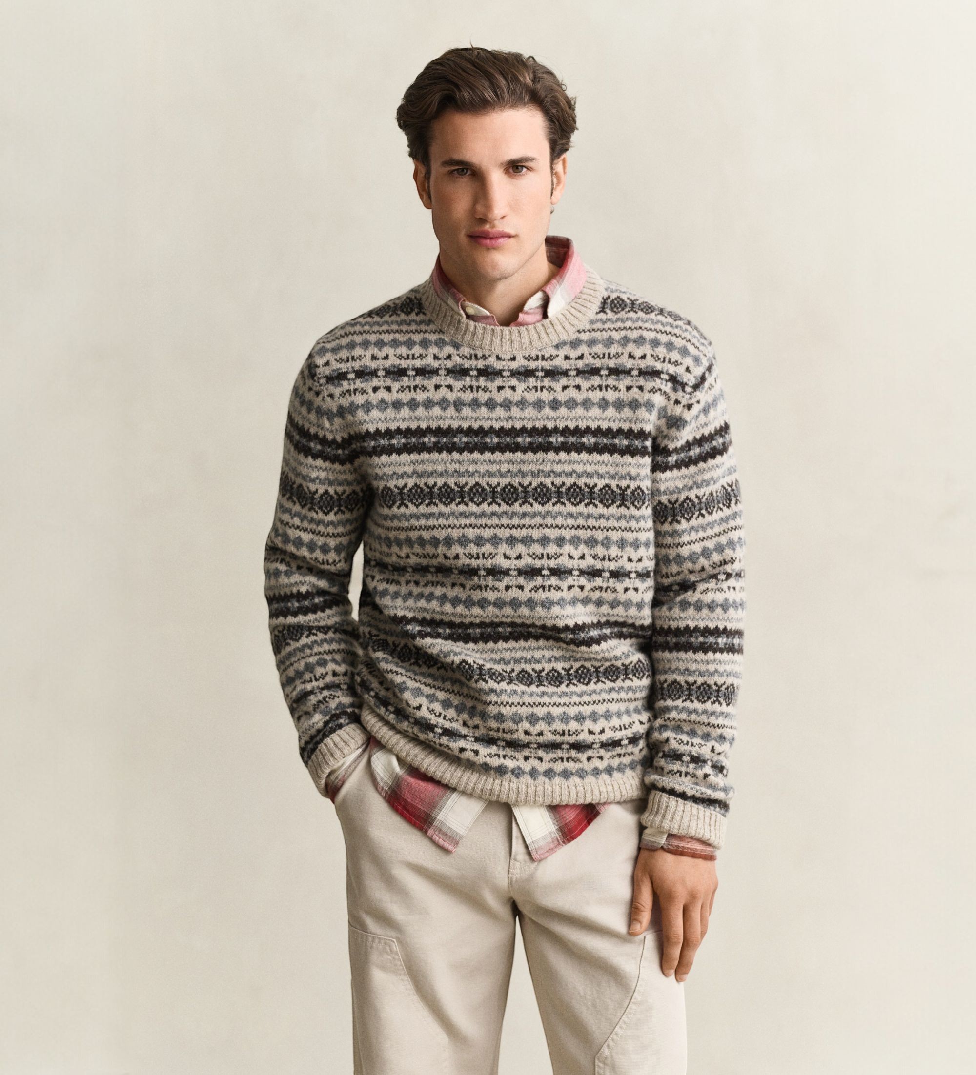 Gantvoor mannen. 8040272 Fair Isle trui beige (S), Casual, Wol