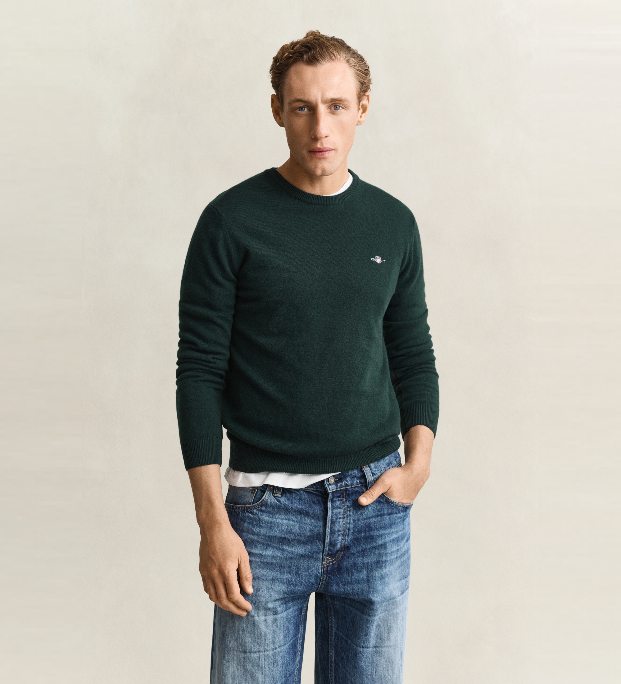 Gantvoor mannen. 87311 Groene schapenwollen trui (XL), Casual