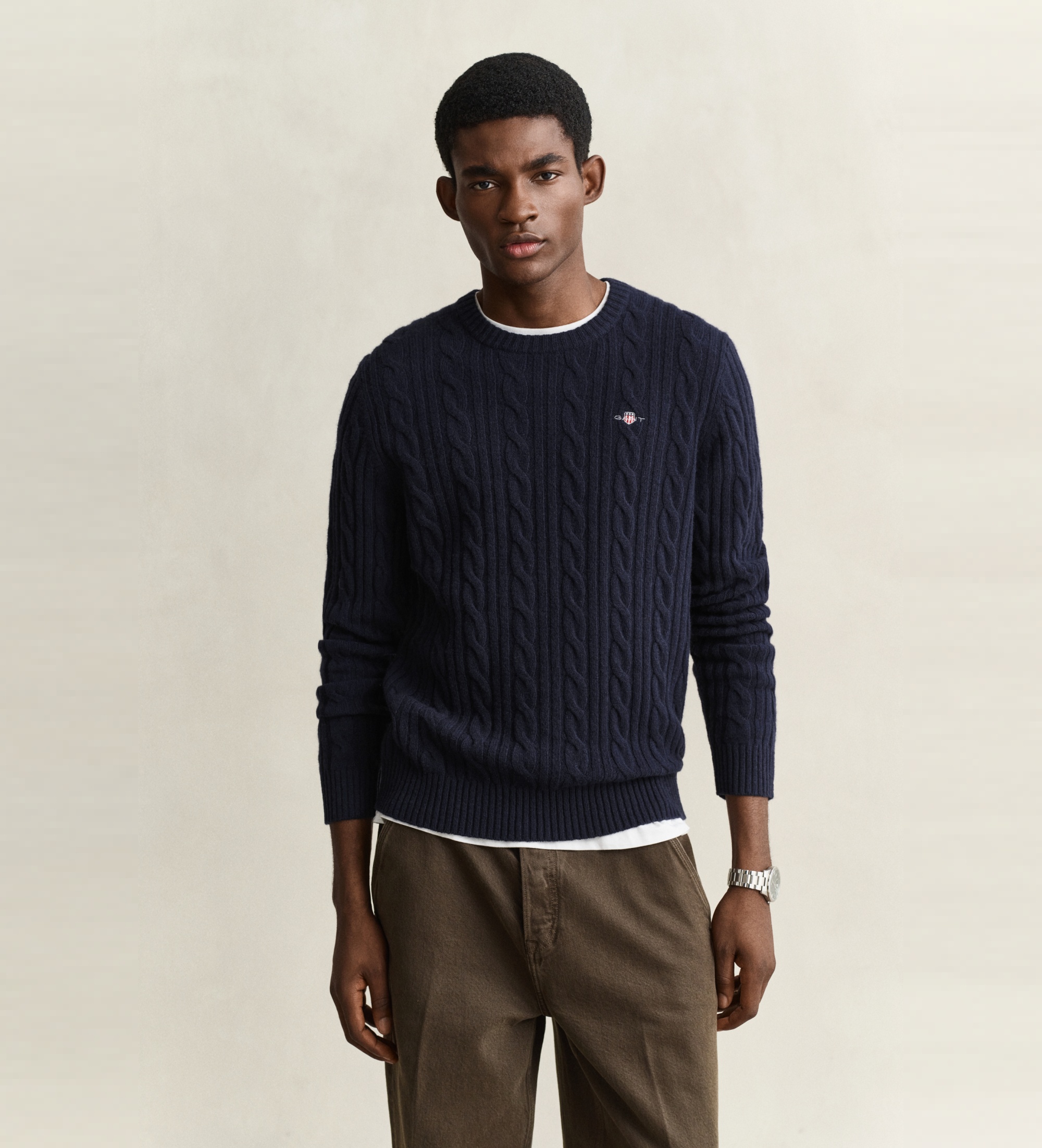 Gantvoor mannen. 8050324 Marineblauwe kabelbreisweater (L), Casual, Wol, Klassiek